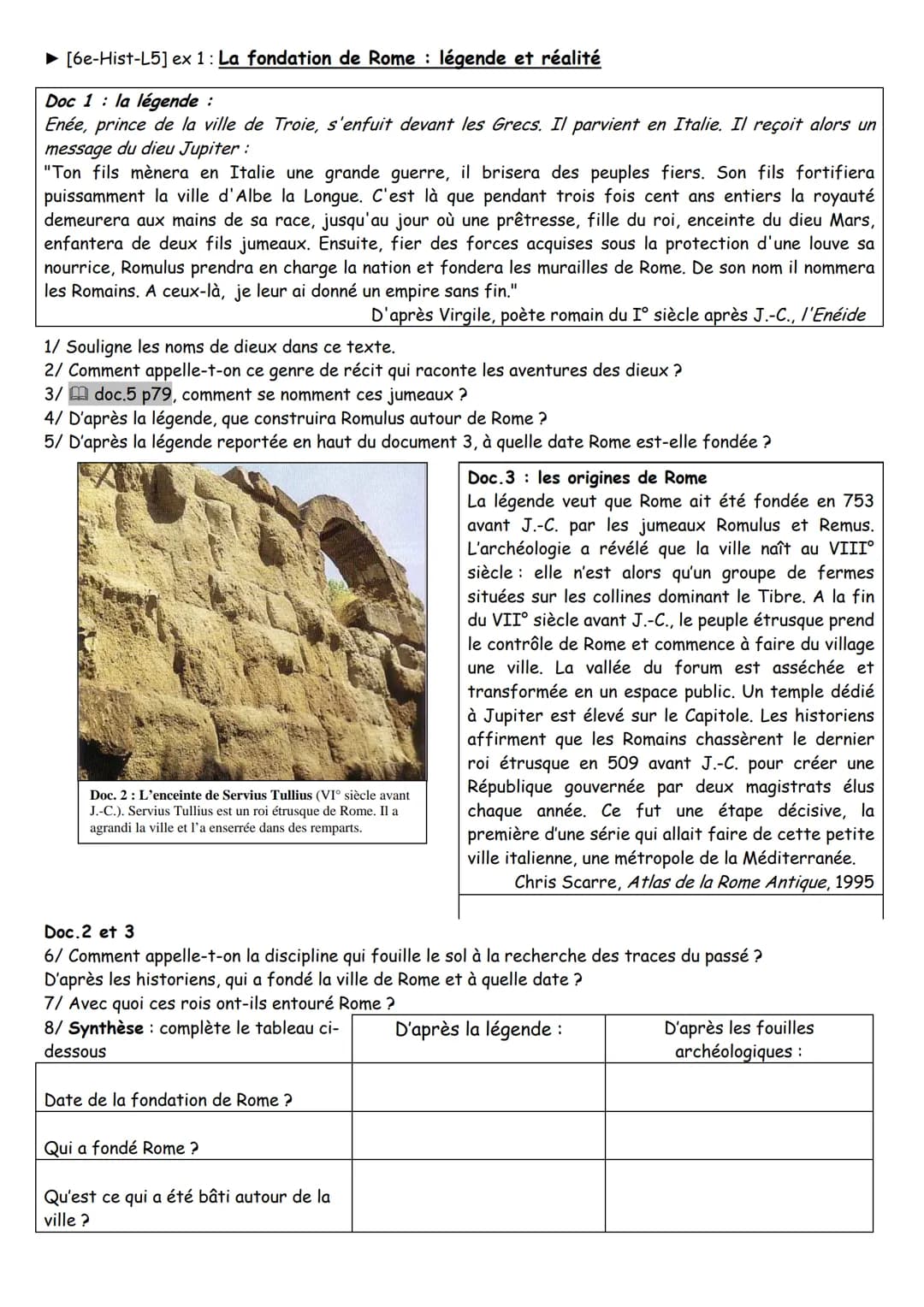 ► [6e-Hist-L5] ex 1: La fondation de Rome : légende et réalité
Doc 1: la légende :
Enée, prince de la ville de Troie, s'enfuit devant les Gr