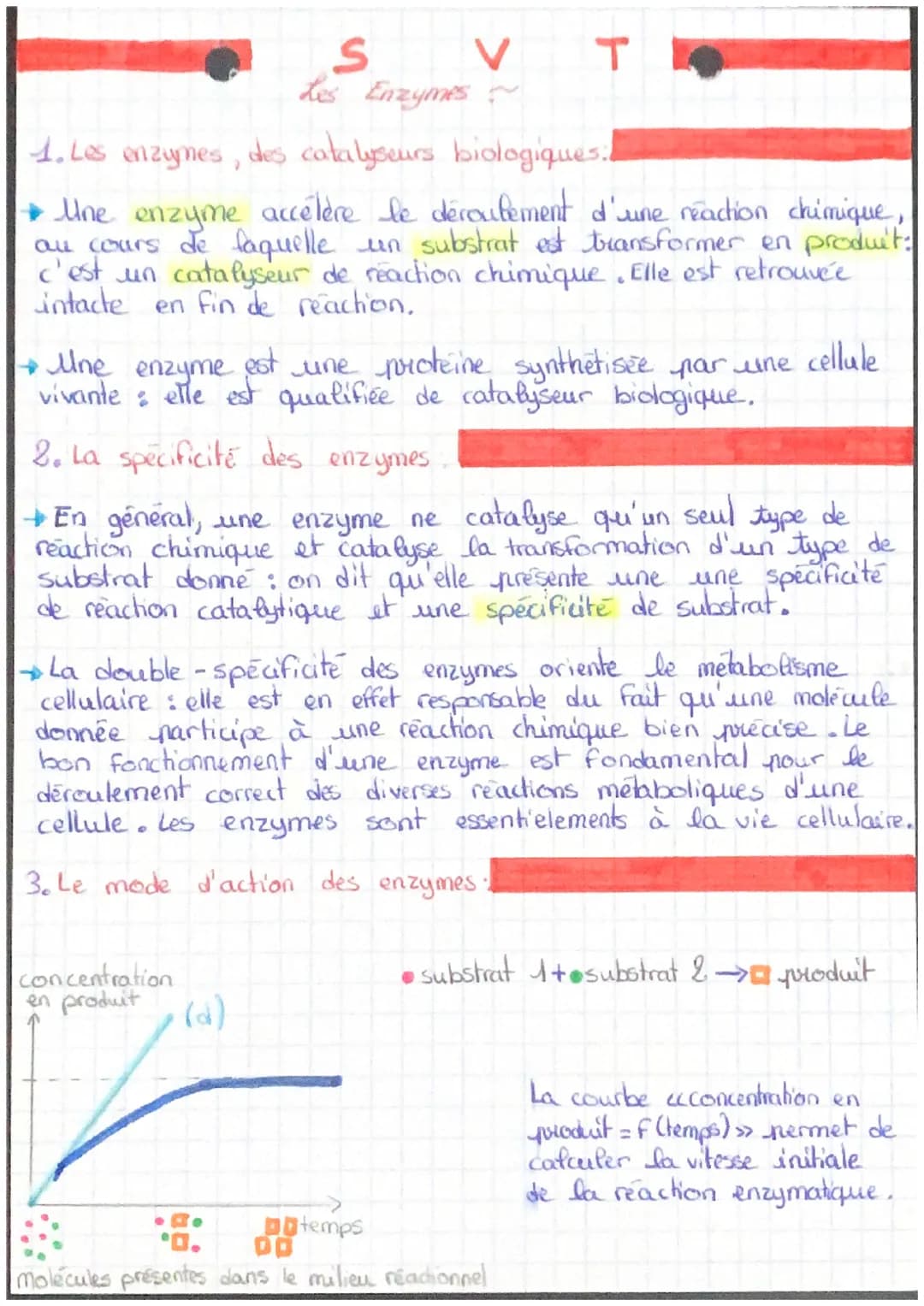 V
S
Les Enzymes~~
1. Les enzymes, des catalyseurs biologiques:
→ Une enzyme accélère le déroulement d'une reaction chimique,
au cours de laq