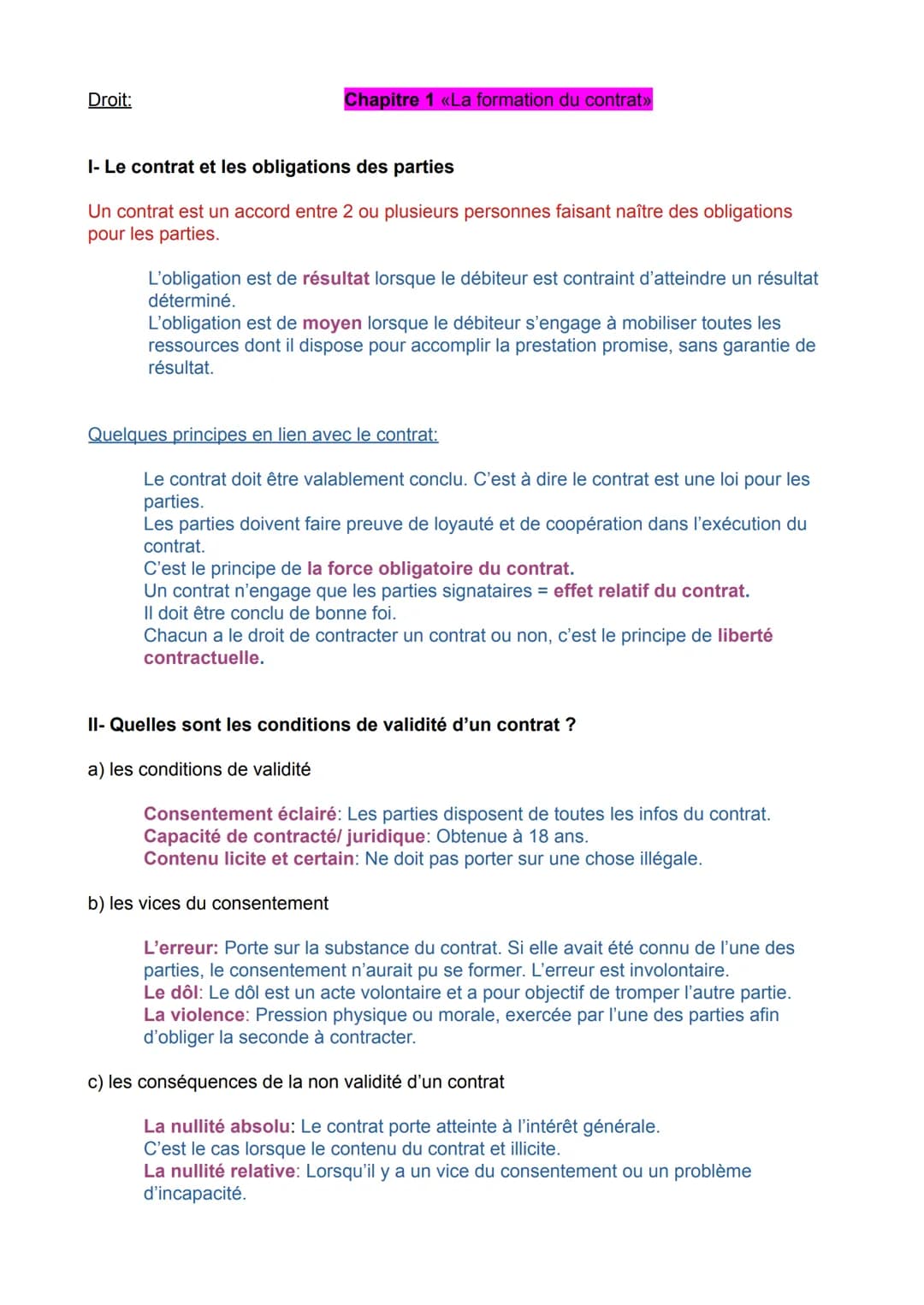 Droit:
Chapitre 1 «La formation du contrat>>
I- Le contrat et les obligations des parties
Un contrat est un accord entre 2 ou plusieurs pers