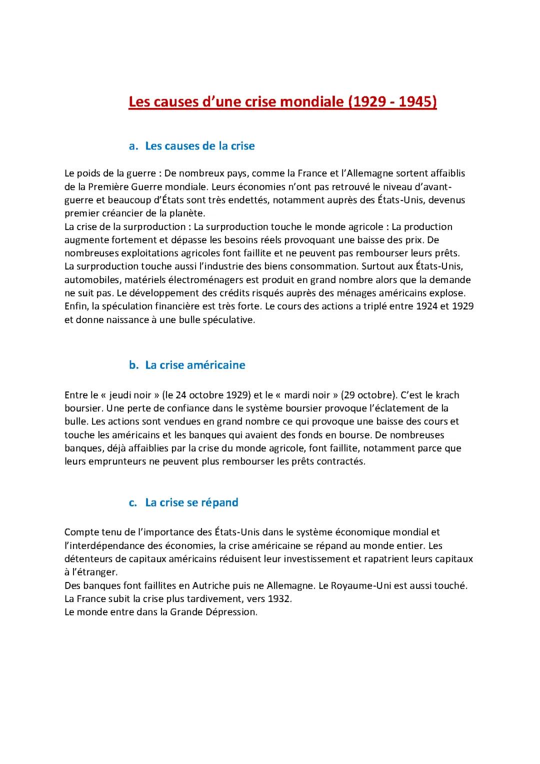 Causes et conséquences de la crise économique de 1929 - Résumé PDF