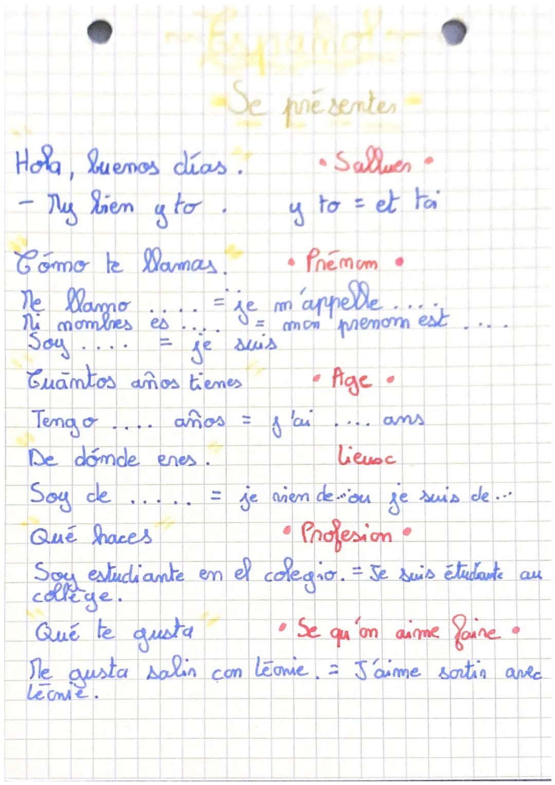 Hola, buenos días.
My bien y to
-
Se présentes
Como te llamas.
Me llamo
Mi nombres es
Soy
= je
je
Cuantos años tienes
Qué te gusta
Me gusta 