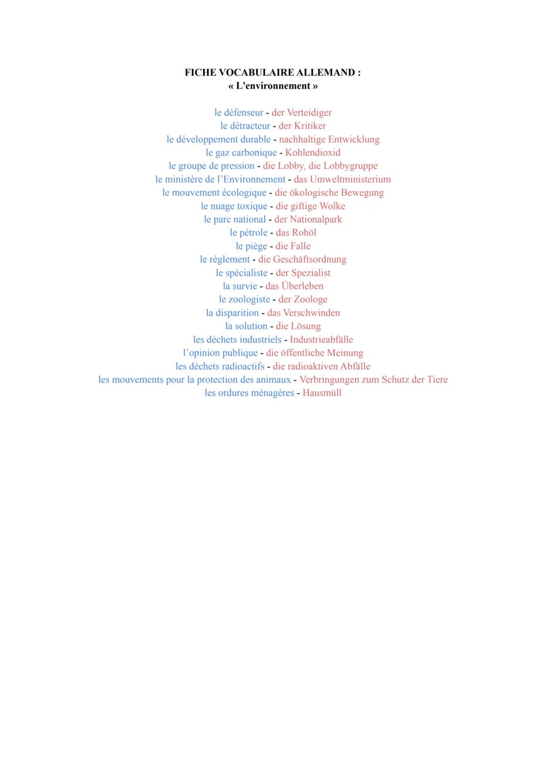 FICHE VOCABULAIRE ALLEMAND:
<< L'environnement »
le défenseur - der Verteidiger
le détracteur - der Kritiker
le développement durable - nach