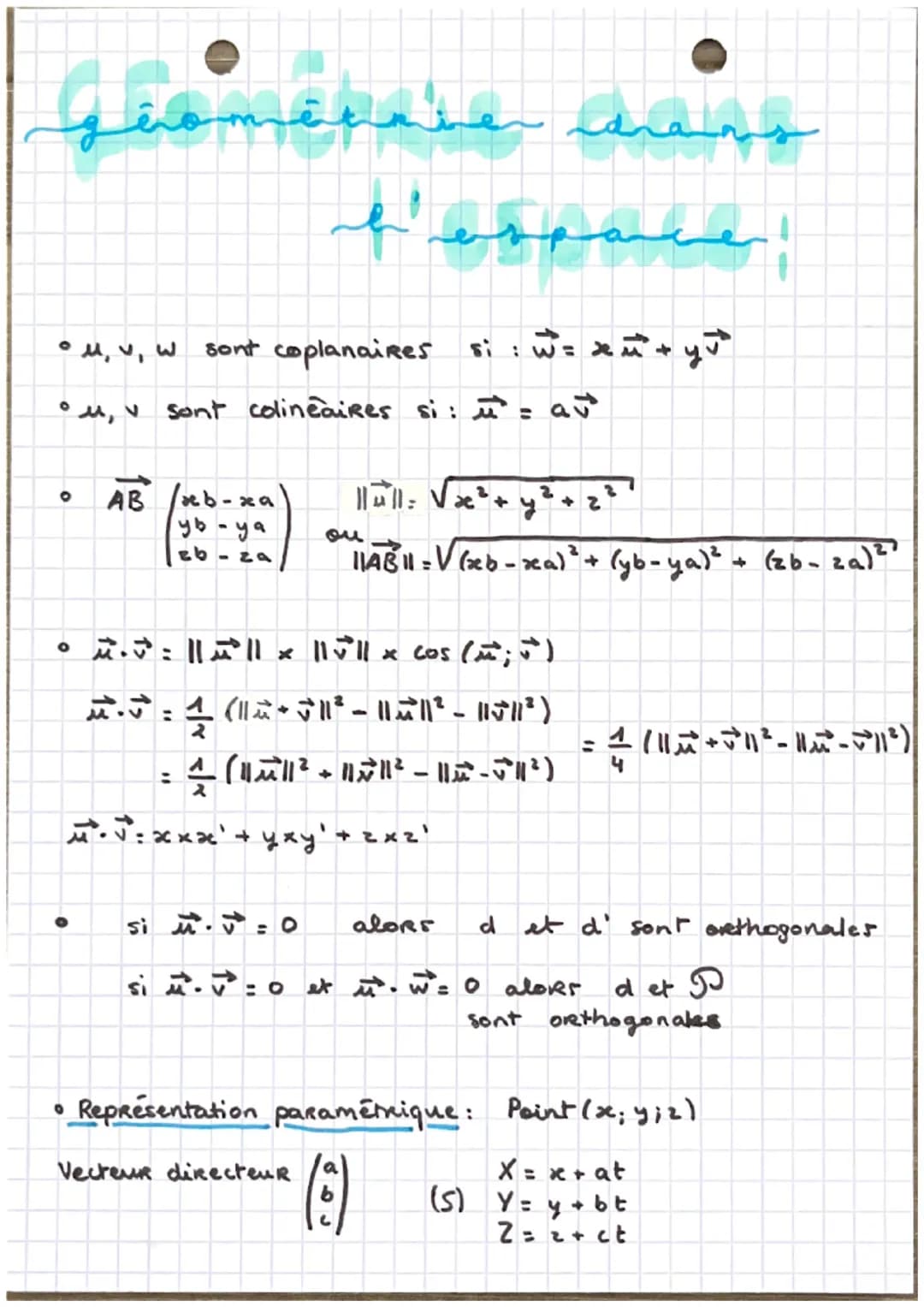 тёл
w
sont coplanaires
si : W = x +
• μ, v sont colineaires si : =
°
AB b-xal
yb-ya
eb-za
04
216
llull: √√x² + y² + z²²
1>
||AB|1 = √(xb-xa)