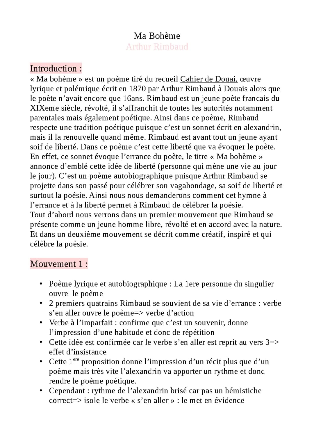Analyse linéaire Ma bohème Rimbaud