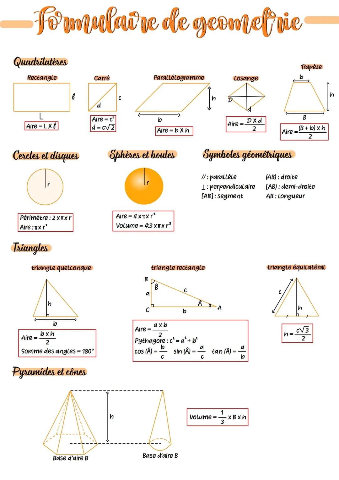 Formulaire de geometrie
Quadrilatères
Rectangle
Aire=LX
Cercles et disques
Périmètre: 2 XTXr
Aire: TXr²
Triangles
l
h
triangle quelconque
b

