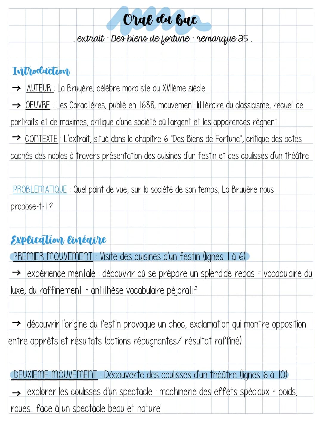 Oral du bac
extrait : Des biens de fortune remarque 25.
Introduction
→ AUTEUR: La Bruyère, célèbre moraliste du XVIIème siècle
→ OEUVRE Les 