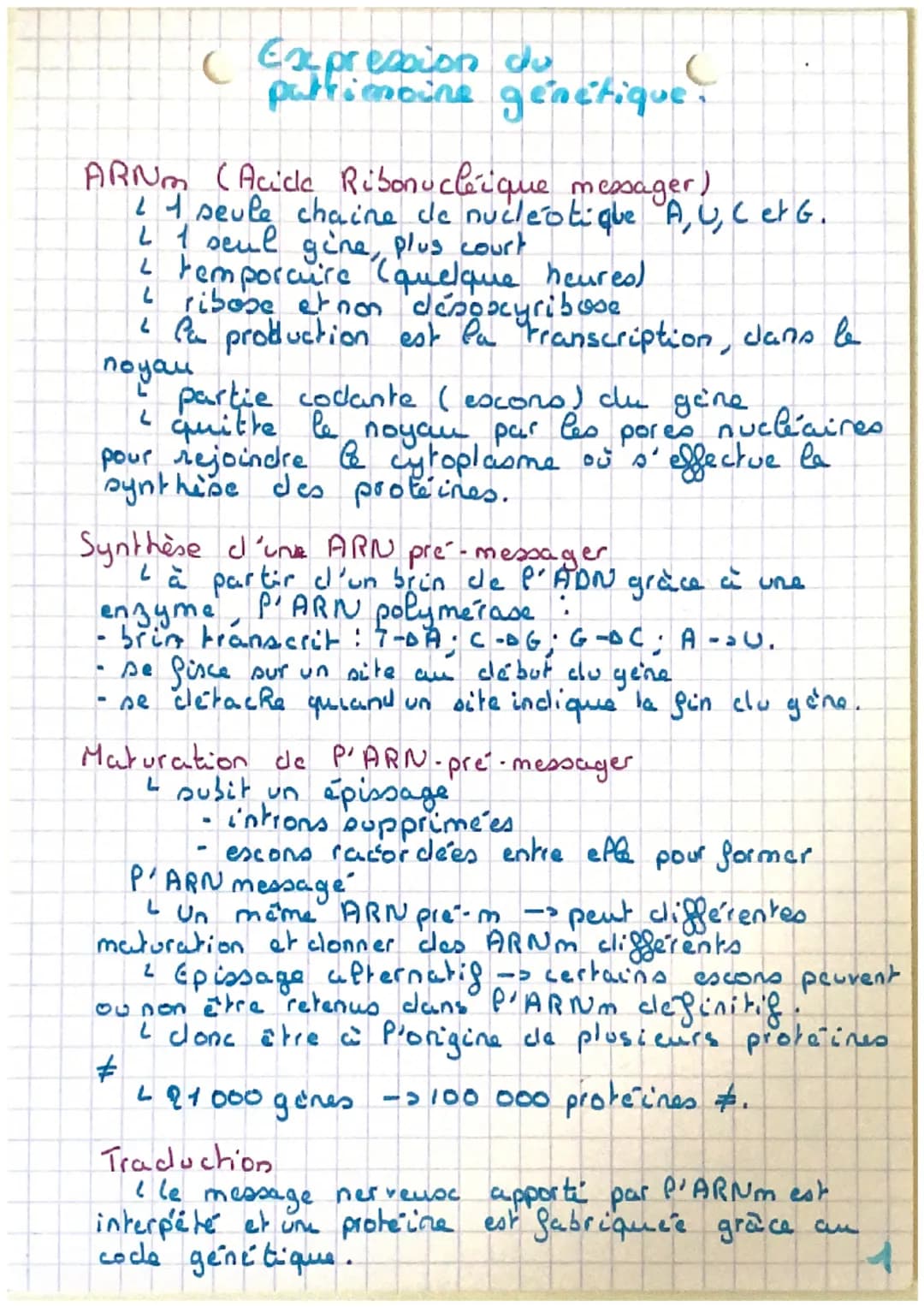 (Expression du
patrimoine génétique
ARNm (Acicle Ribonucléique messager)
21 seule chaine de nucleotique A, U, C et G.
2 1 seul gine, plus co