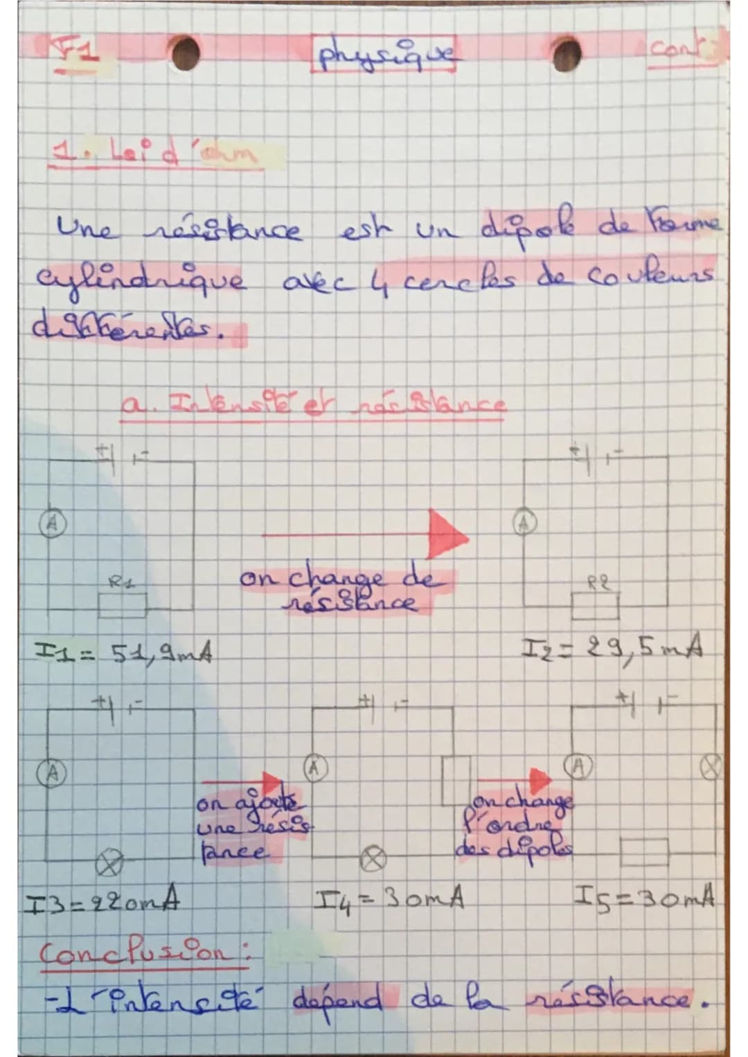 F10
1. Laid Yohm
Une resistance est un
dipole de Forme
cylindrique avec 4 cercles de couleurs
différentes.
(A)
14
(A)
I1= 51,9mA
a. In ensil