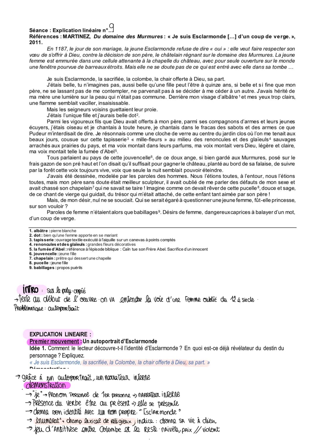 Séance: Explication linéaire nº...
Références : MARTINEZ, Du domaine des Murmures : « Je suis Esclarmonde [...] d'un
coup de verge. »>, 2011