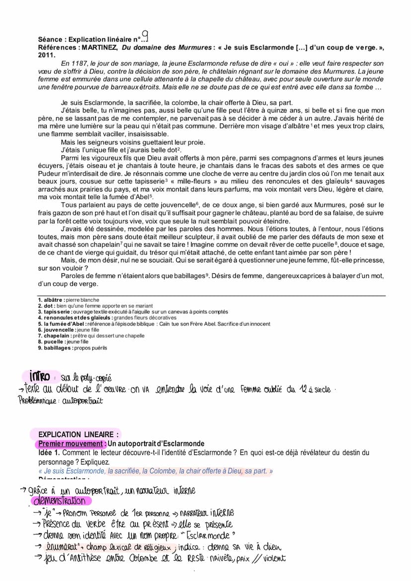 Séance: Explication linéaire nº...
Références : MARTINEZ, Du domaine des Murmures : « Je suis Esclarmonde [...] d'un
coup de verge. »>, 2011
