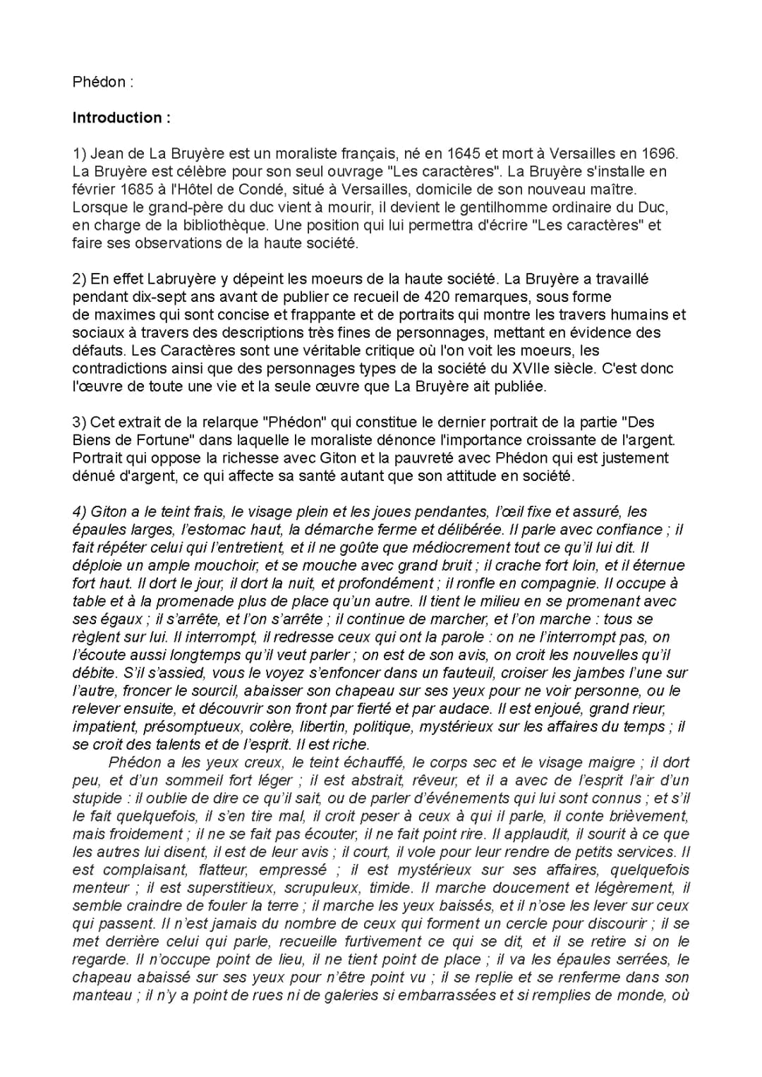 Phédon La Bruyère PDF et Les Caractères - Analyse linéaire et Texte
