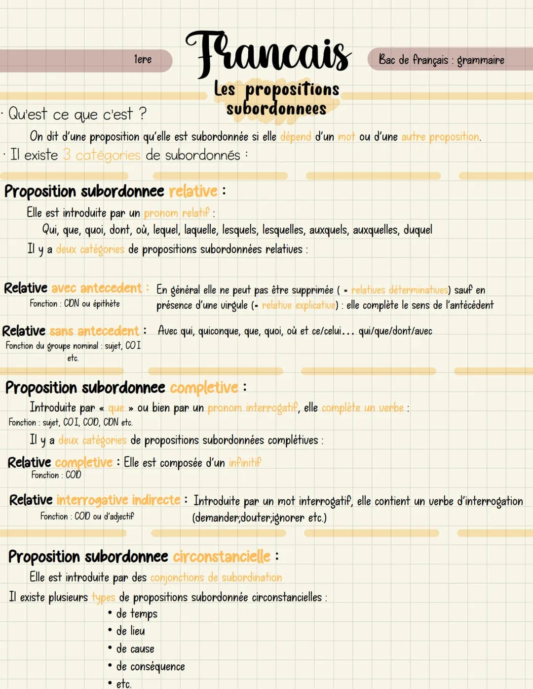 • Qu'est ce que c'est ?
On dit d'une proposition qu'elle est subordonnée si elle dépend d'un mot ou d'une autre proposition.
Il existe 3 cat
