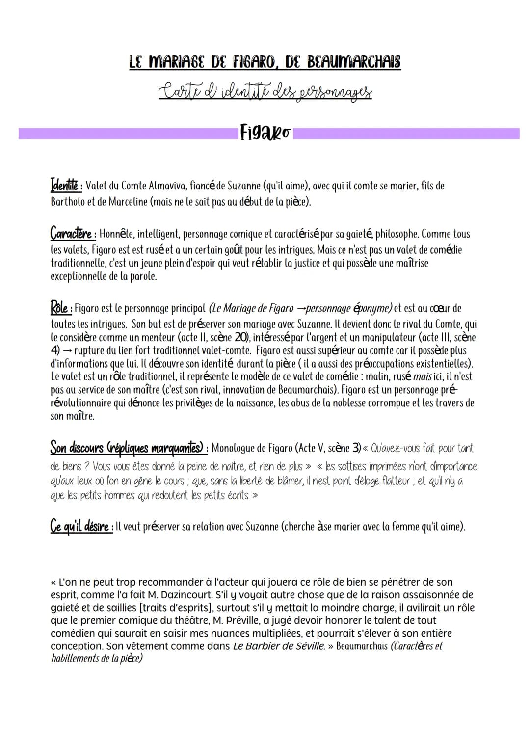 LE MARIAGE DE FIGARO, DE BEAUMARCHAIS
Carte d'identité des personnages
Figaro
Identité : Valet du Comte Almaviva, fiancé de Suzanne (qu'il a