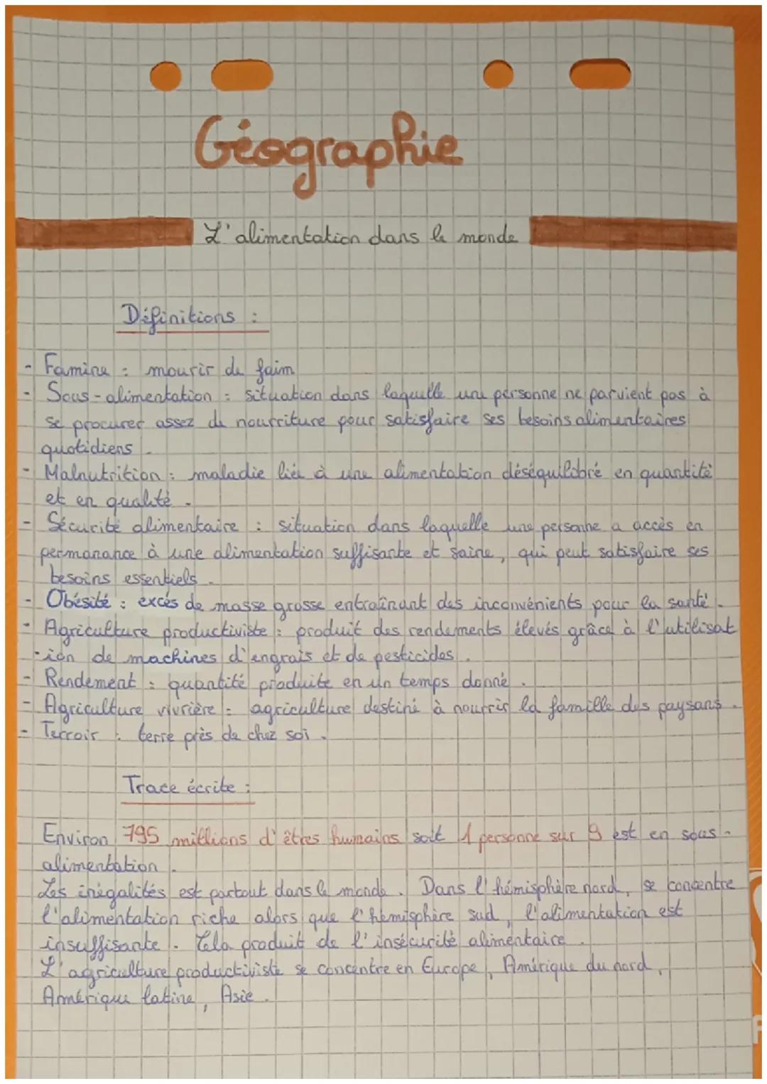 # Geographie

L'alimentation dans le monde

Définitions:

- Famine: mourir de faim.

-Sous-alimentation: situation dans laquelle uu personne