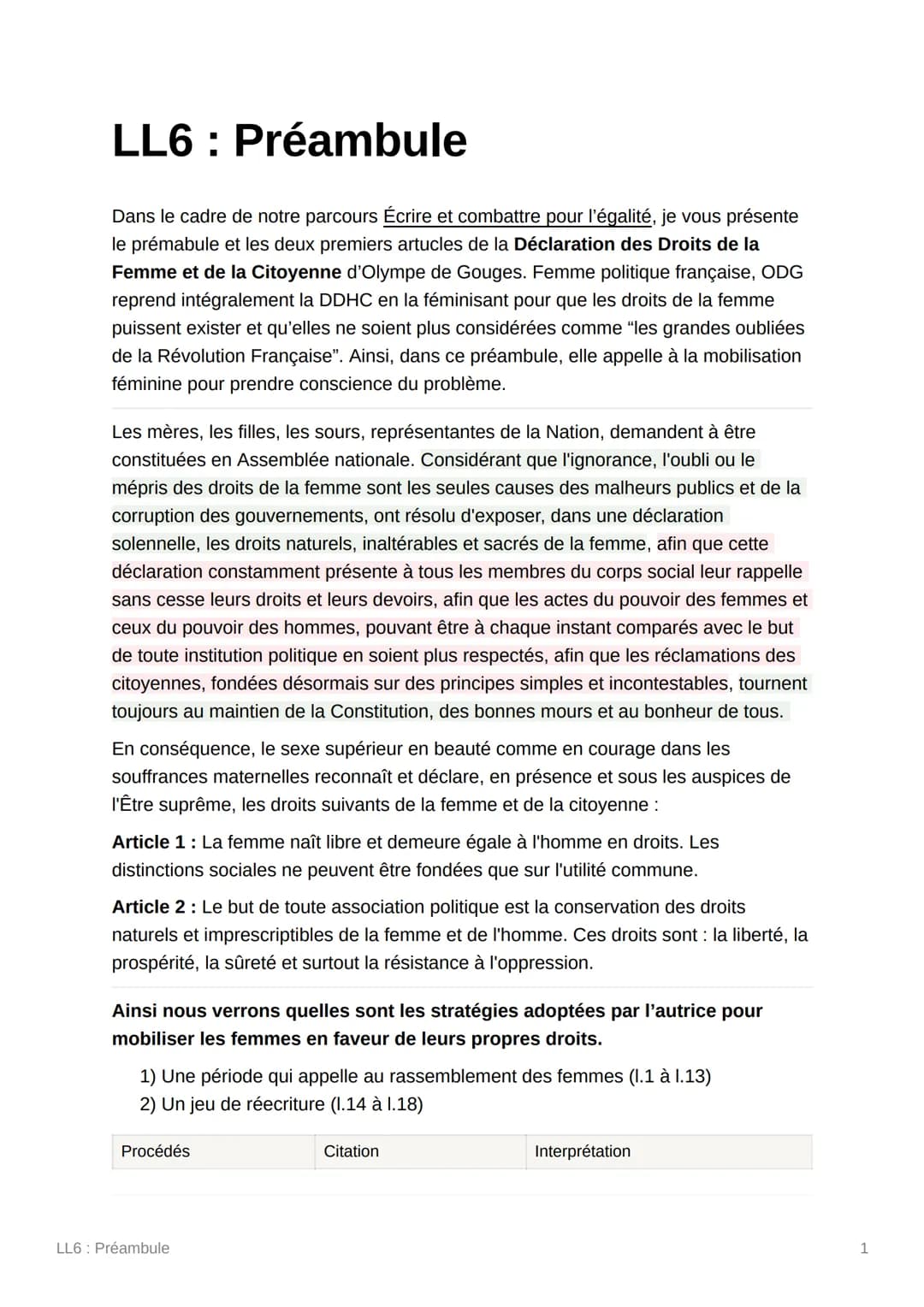LL6 : Préambule
Dans le cadre de notre parcours Écrire et combattre pour l'égalité, je vous présente
le prémabule et les deux premiers artuc