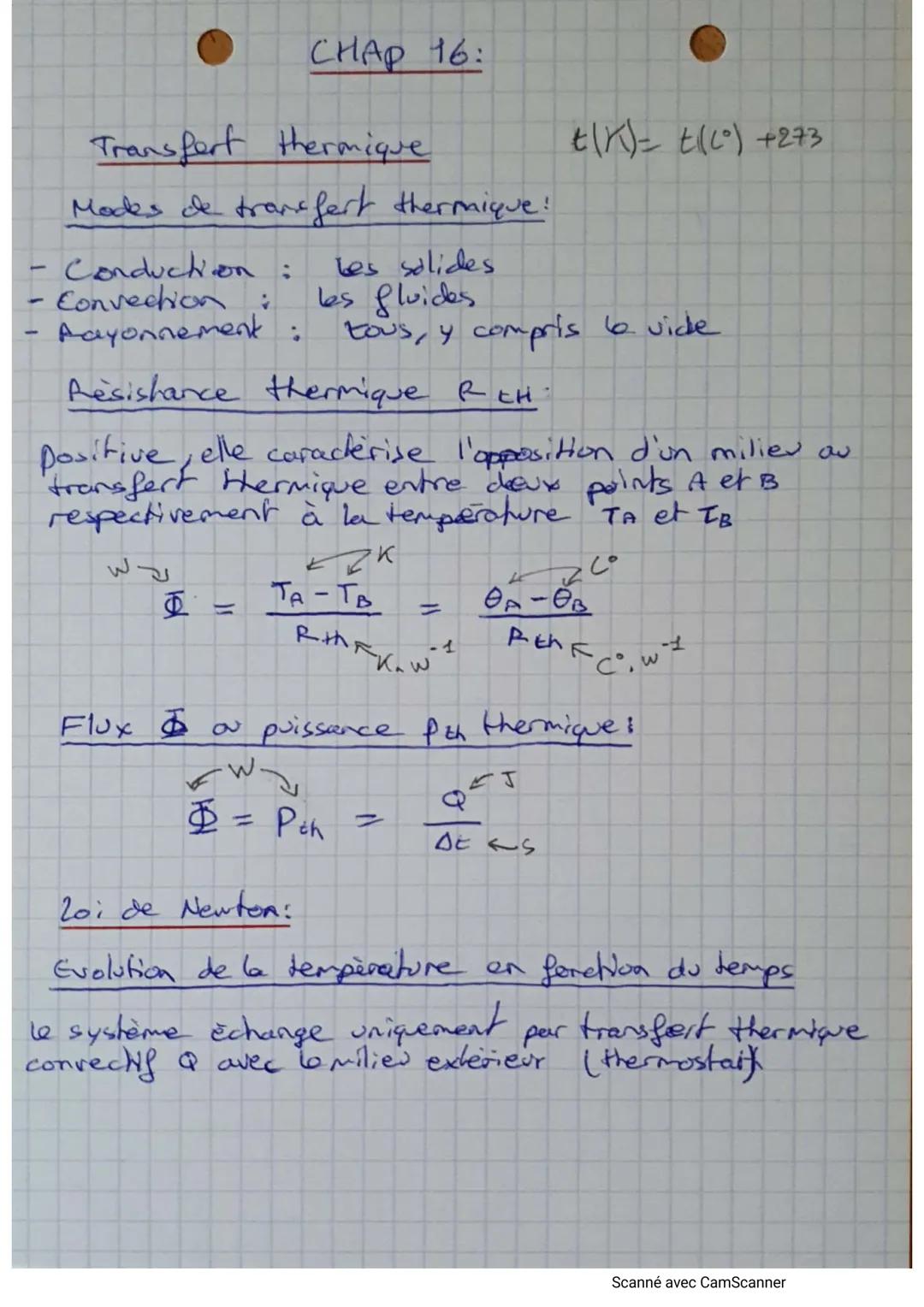 # CHAP 16:

$t(K)= t(C) +273$

Transfert thermique

Modes de transfert thermique!

- Conduchion: les solides
- Convection: les fluides
- Pay