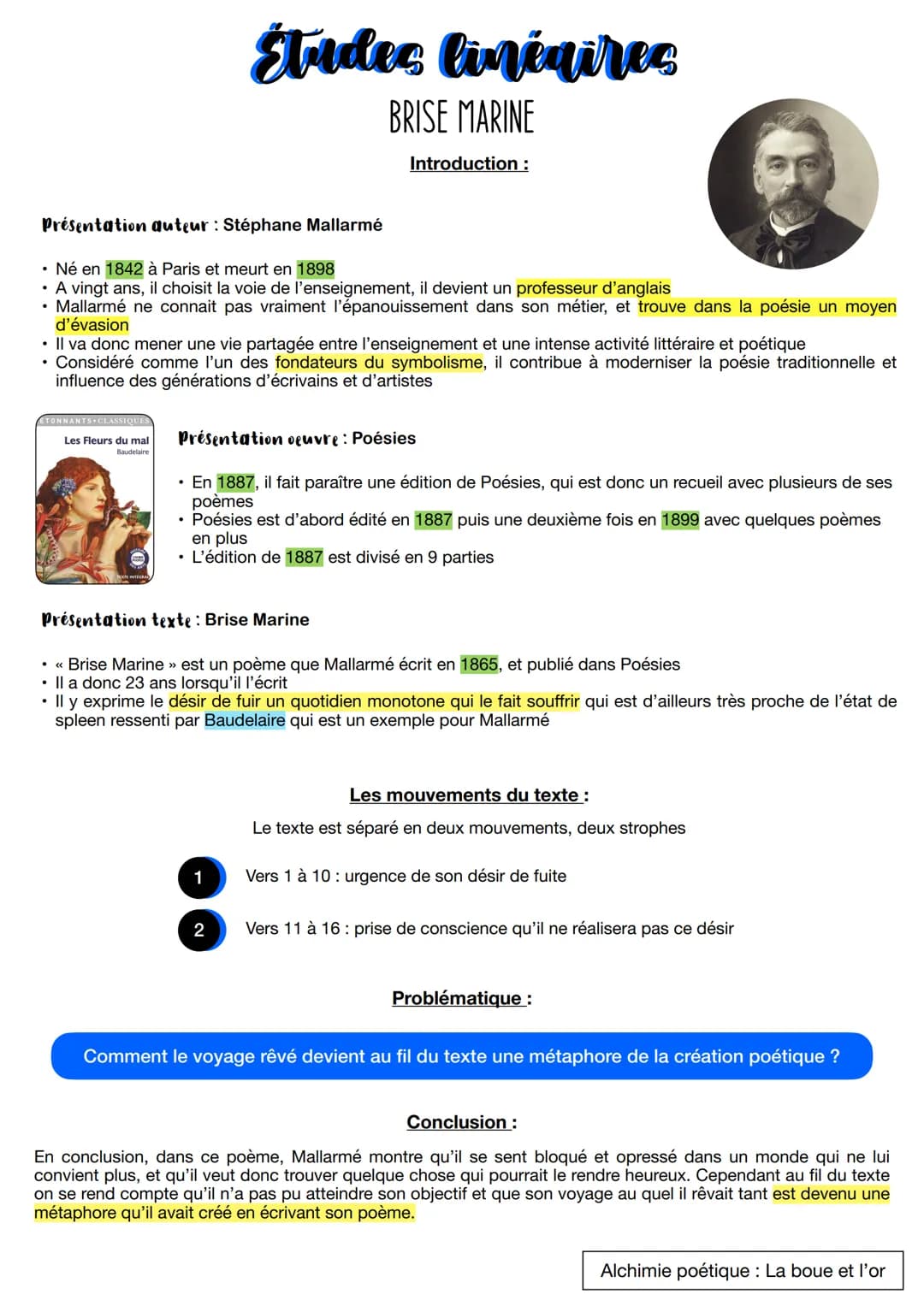 Présentation auteur : Stéphane Mallarmé
Études linéaires
BRISE MARINE
• Né en 1842 à Paris et meurt en 1898
• A vingt ans, il choisit la voi