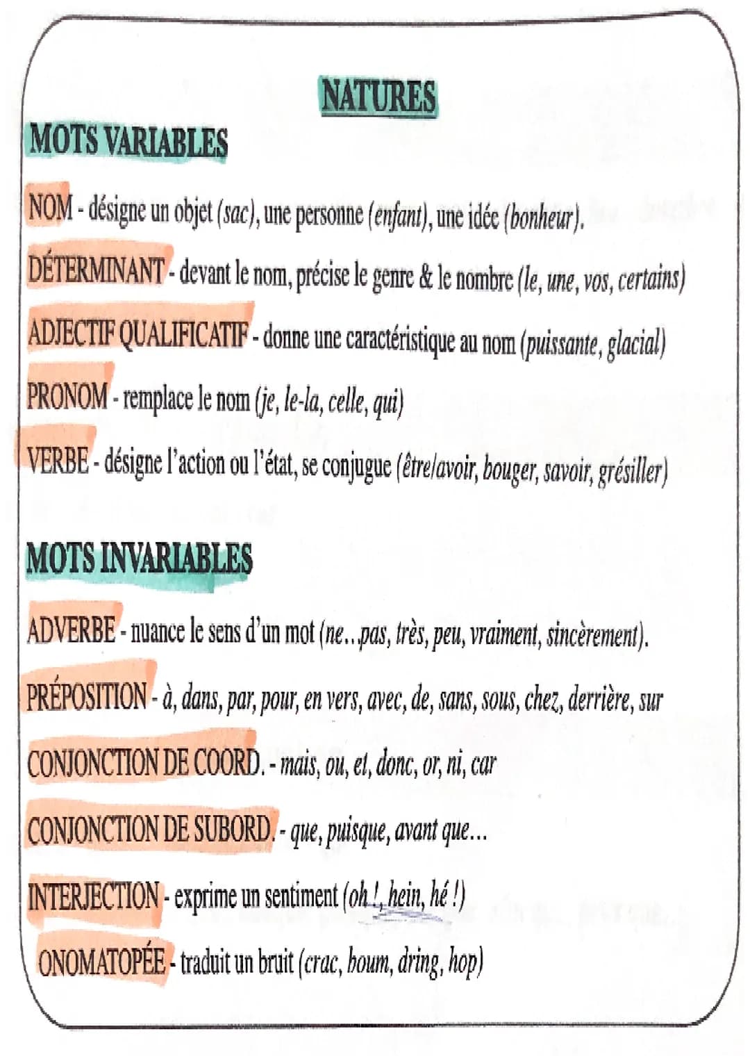 NATURES
MOTS VARIABLES
NOM-désigne un objet (sac), une personne (enfant), une idée (bonheur).
DÉTERMINANT-devant le nom, précise le genre & 