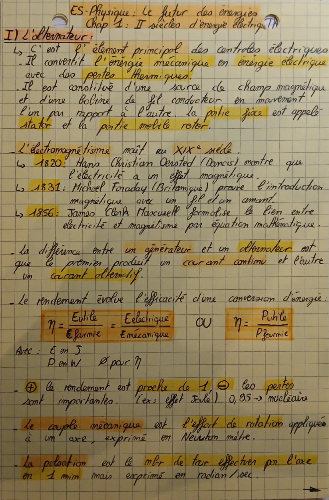ES. Physique: Le futur des energies
Chap 1: I siècles d'energie Electrique Th
I) L'olternateur:
L, C'est l' element principal des controles 