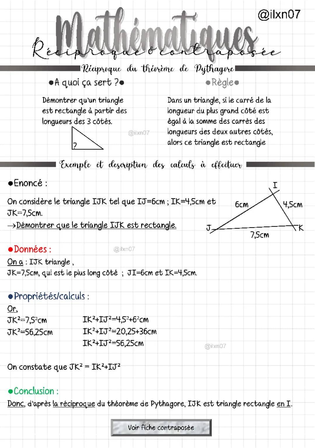 Réciproque de Pythagore Exercice Corrigé PDF - Fiche de Révision 3ème et 4ème