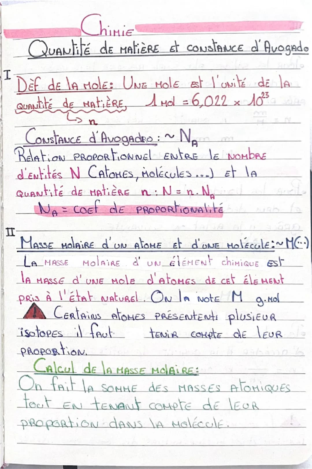 I
Chimie
Quantité de matière et constance d'Avogadro
Déf de la mole: Une mole est l'unité de la
quantité de matière, 1 mol =6,022 \times10^{