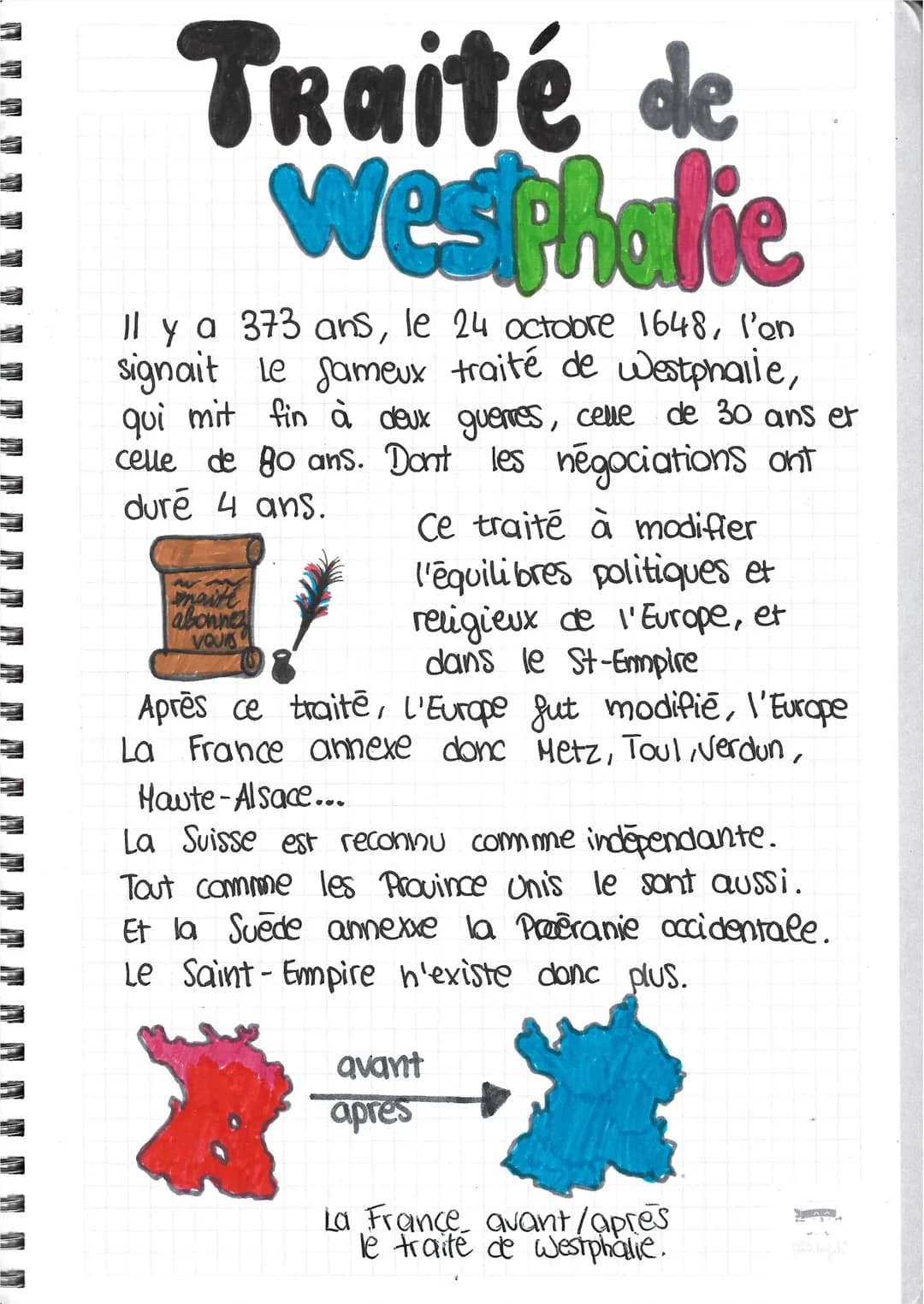 Traité de
Westphalie
Il y a 373 ans, le 24 octobre 1648, l'en
signait le fameux traité de Westphalie,
qui mit fin à deux guerres, celle de 3
