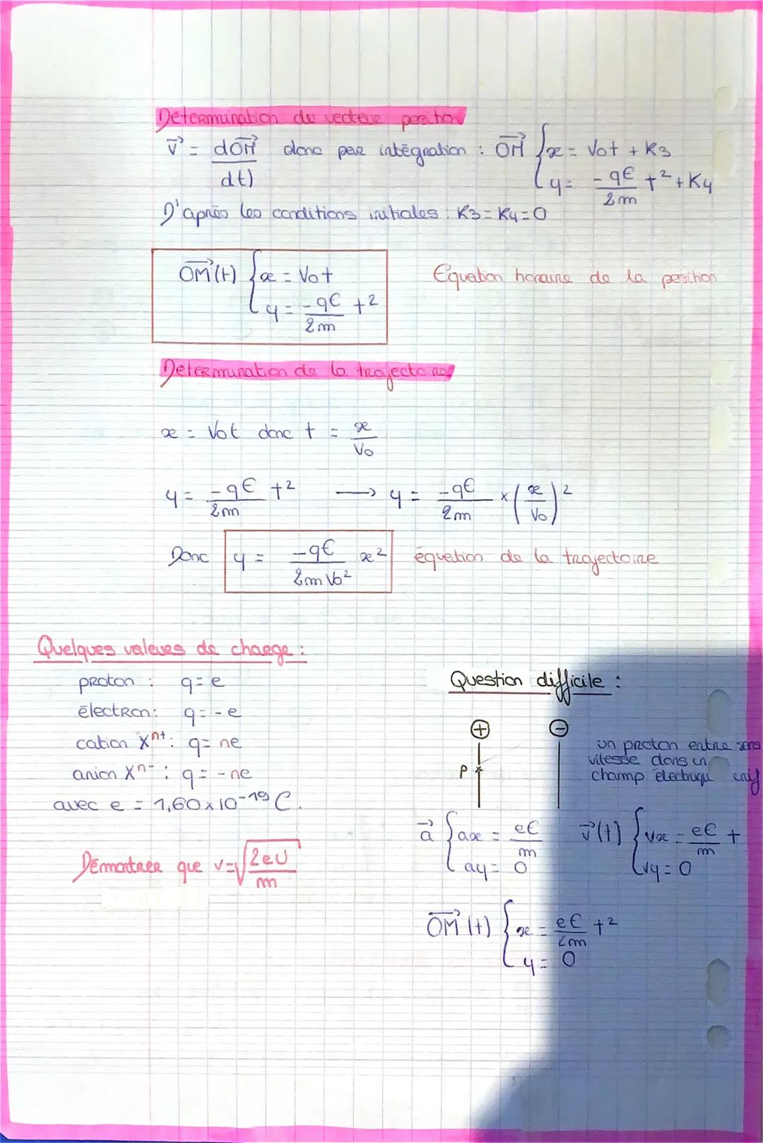 # DEMONSTRATION n°2

Mourennent d'une particule dans un champs électrique E uniforma

A savoia: E va toujours de l' camature vers l'armature