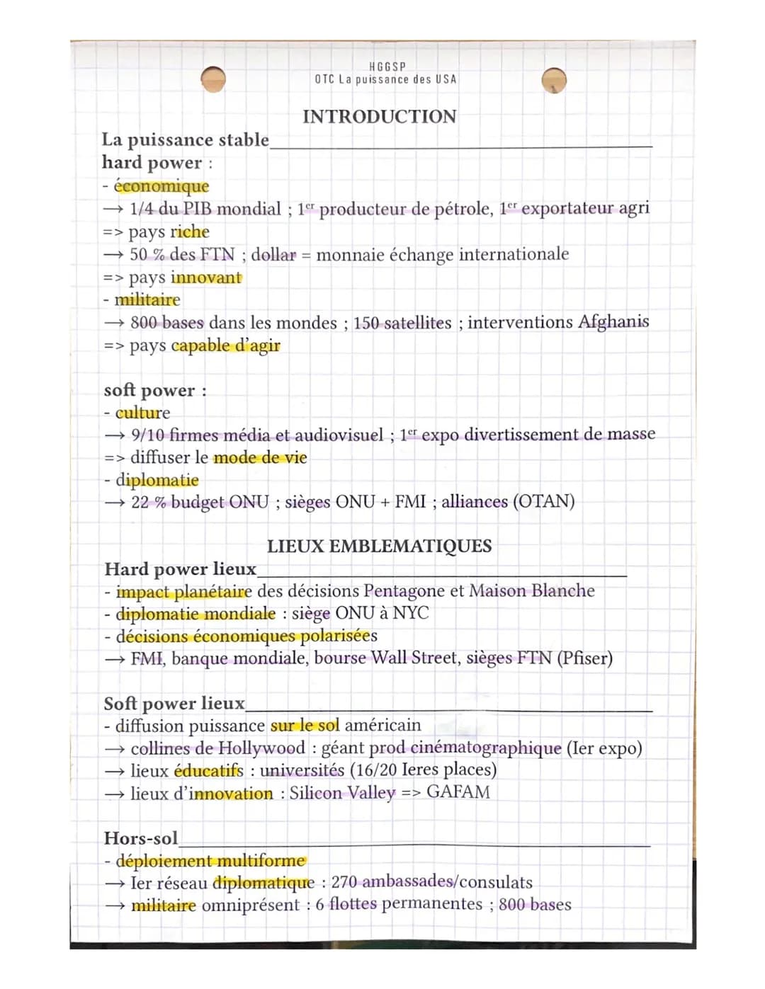 La puissance stable_
hard power:
HGGSP
OTC La puissance des USA
INTRODUCTION
- économique
1/4 du PIB mondial; 1er producteur de pétrole, 1er
