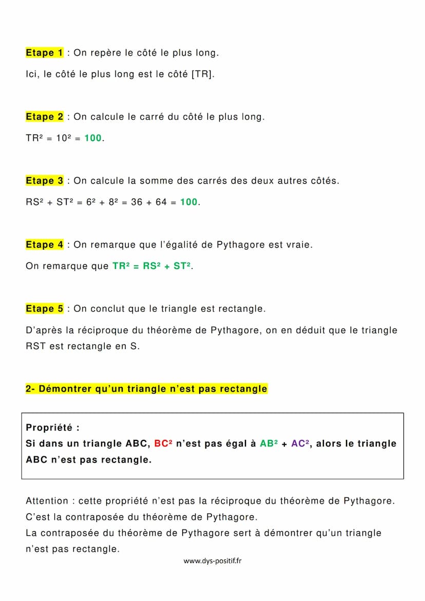 1- Démontrer qu'un triangle est rectangle
Réciproque du théorème de Pythagore
Si dans un triangle ABC on a l'égalité BC² = AB² + AC², alors 