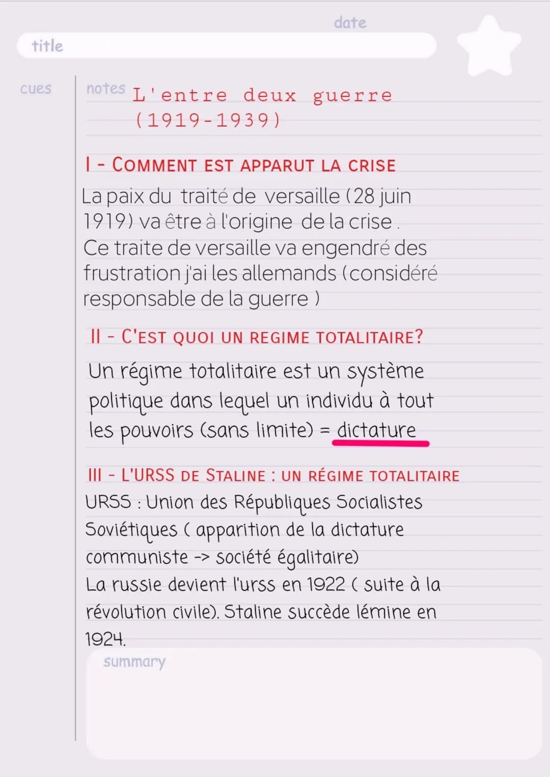 title
date
cues notes L'entre deux guerre
(1919-1939)
|- COMMENT EST APPARUT LA CRISE
La paix du traité de versaille (28 juin
1919) va être 