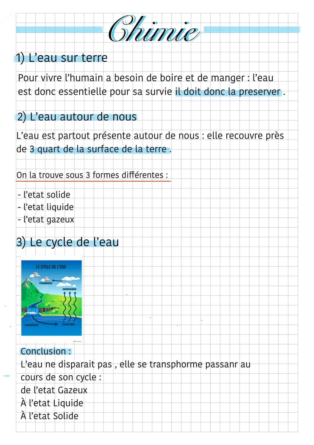 Chimie
1) L'eau sur terre
Pour vivre l'humain a besoin de boire et de manger : l'eau
est donc essentielle pour sa survie il doit donc la pre