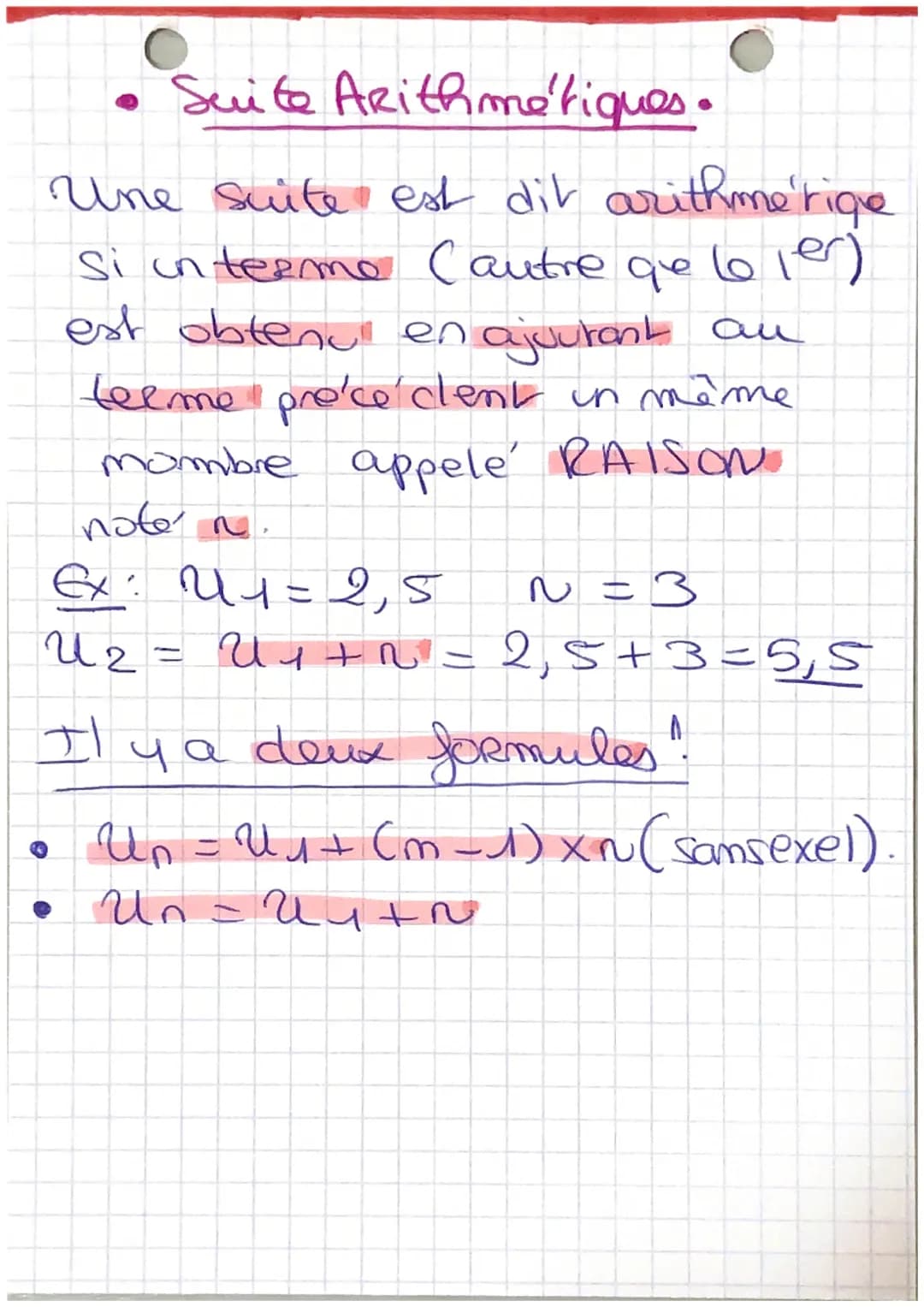 Suite Arithmetiques.
Une suite est dit arithmerique
Si interme Cautre que le per
est obtenu en ajoutant au
teeme proceclent in même
mombre a