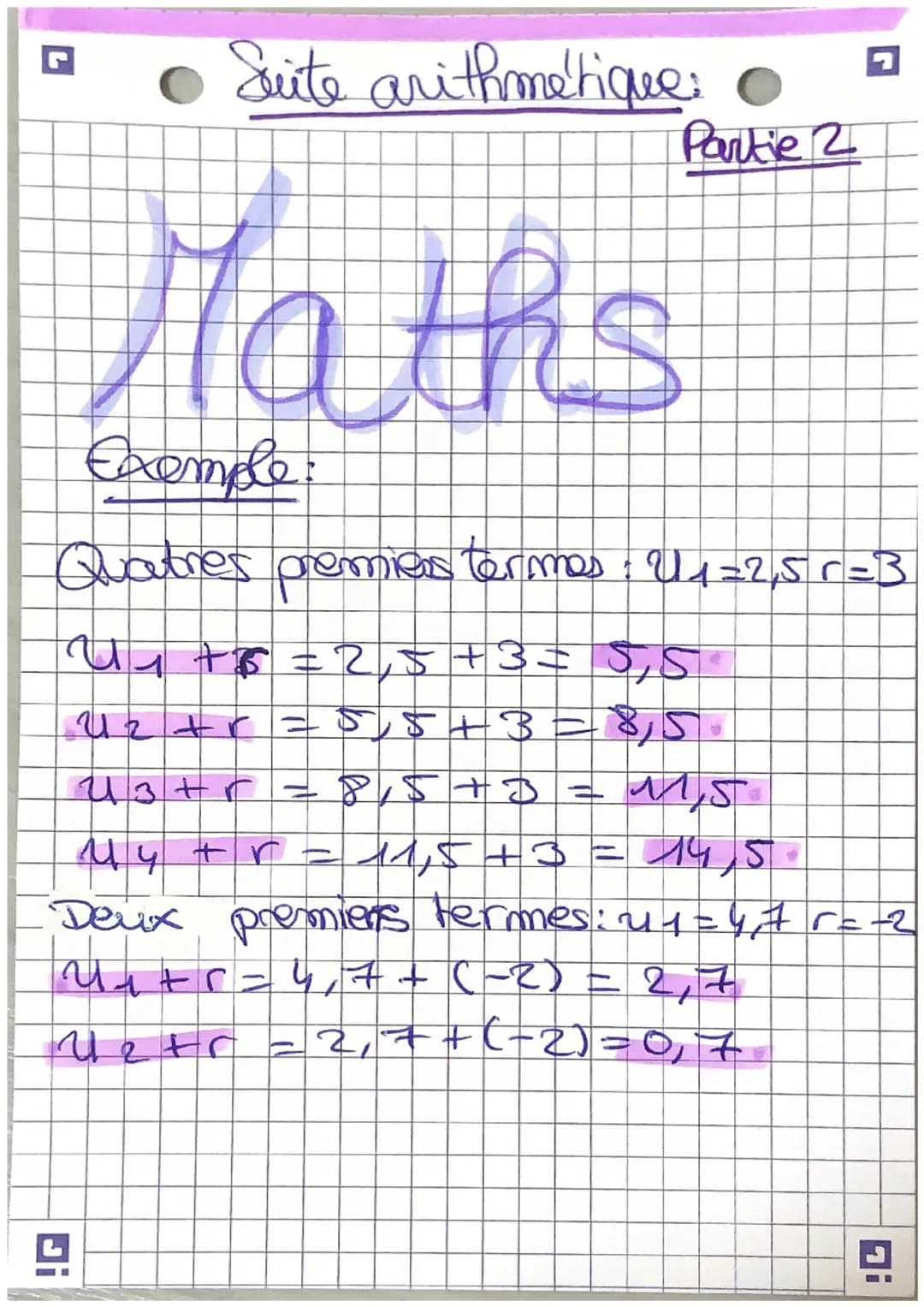 Suite Arithmetiques.
Une suite est dit arithmerique
Si interme Cautre que le per
est obtenu en ajoutant au
teeme proceclent in même
mombre a