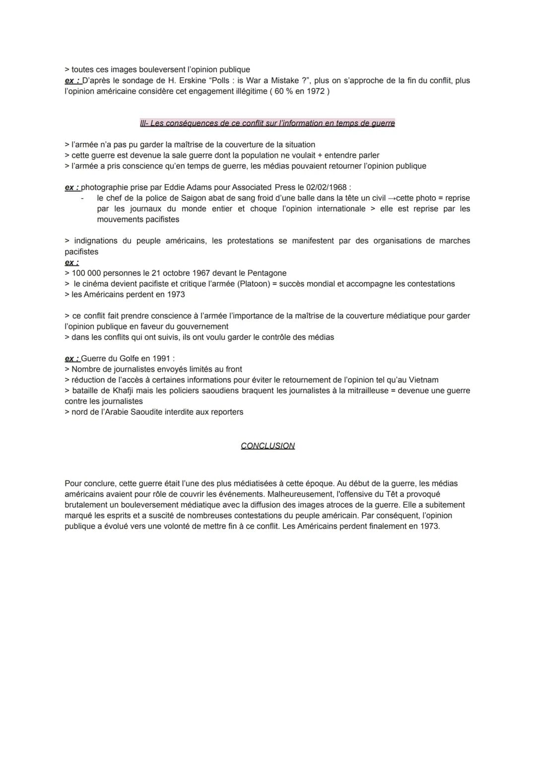 Camille LAFOND VESSELLA
> Dans quelles mesures les médias ont-ils contribué à l'évolution de l'opinion
publique au cours de la guerre du Vie
