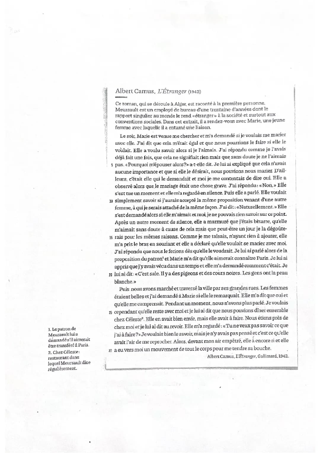 Analyse linéaire extrait de L’étranger d’Albert Camus