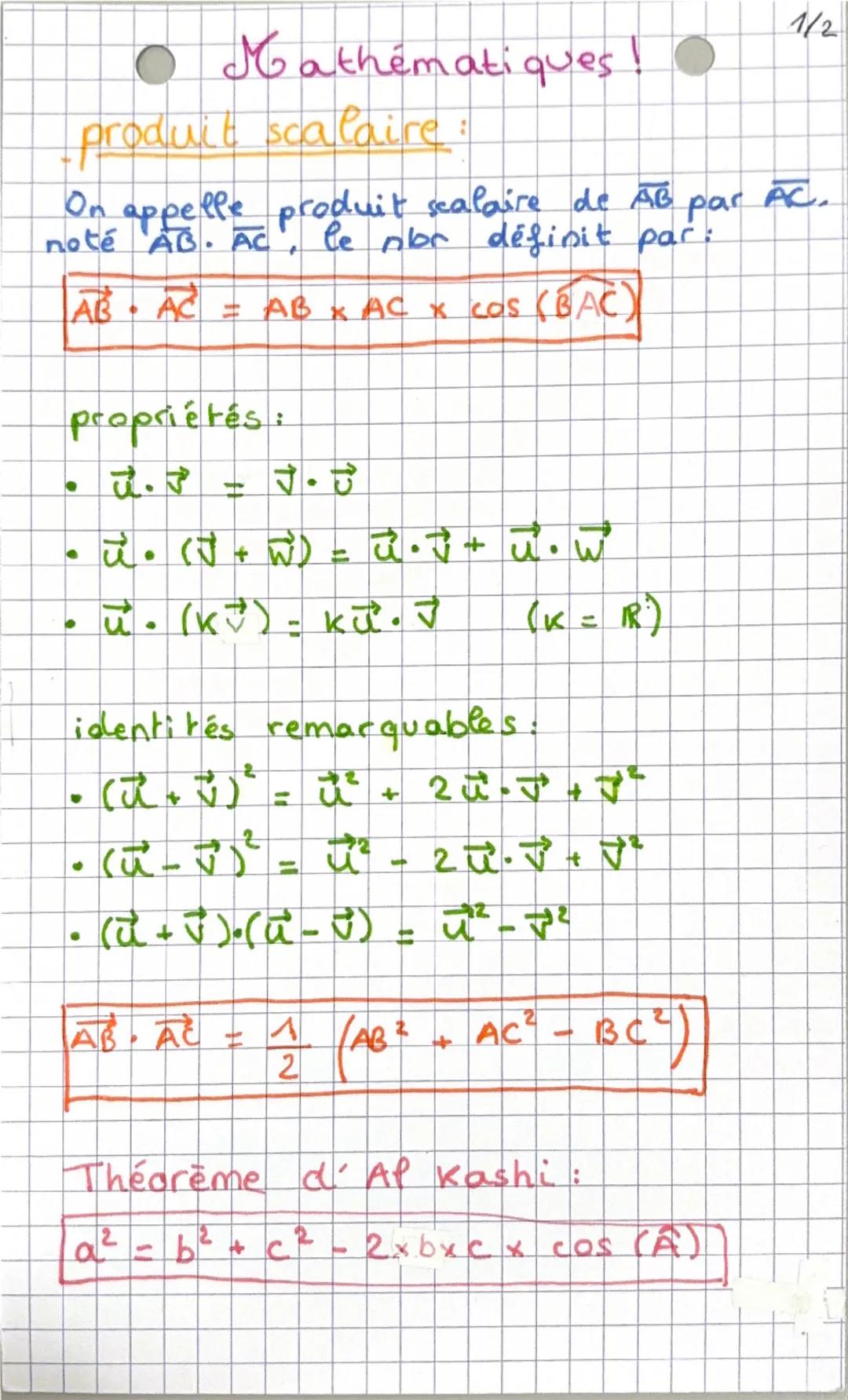 --- OCR Start ---
Mathématiques!
produit scalaire:
1/2
On appelle produit scalaire de AB par AC.
Om
PAG. Ac P. le nor définit par:
AB . AC =