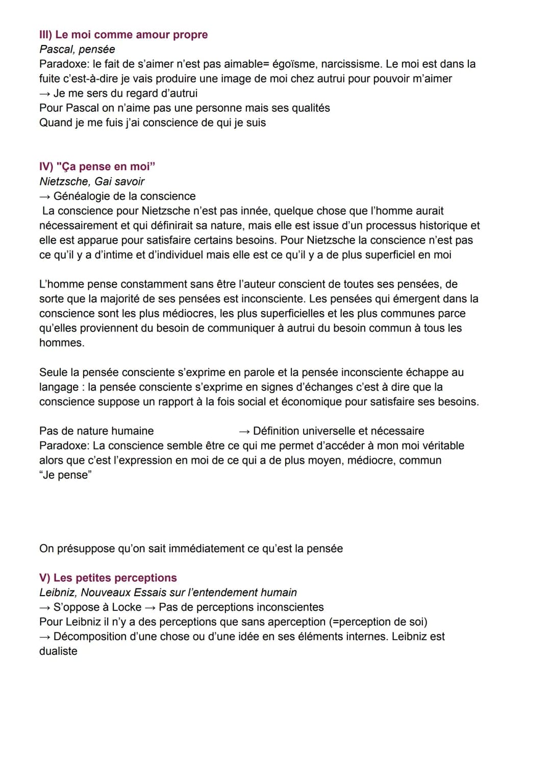 Conscience et Inconscient
● Réflexive: Se dit de la conscience qui se prend elle même pour objet, retour de sa
pensée vers elle même
● Pensé