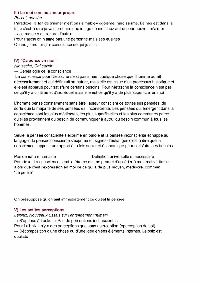Conscience et Inconscient
● Réflexive: Se dit de la conscience qui se prend elle même pour objet, retour de sa
pensée vers elle même
● Pensé