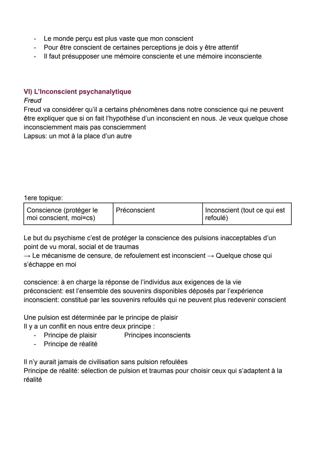 Conscience et Inconscient
● Réflexive: Se dit de la conscience qui se prend elle même pour objet, retour de sa
pensée vers elle même
● Pensé