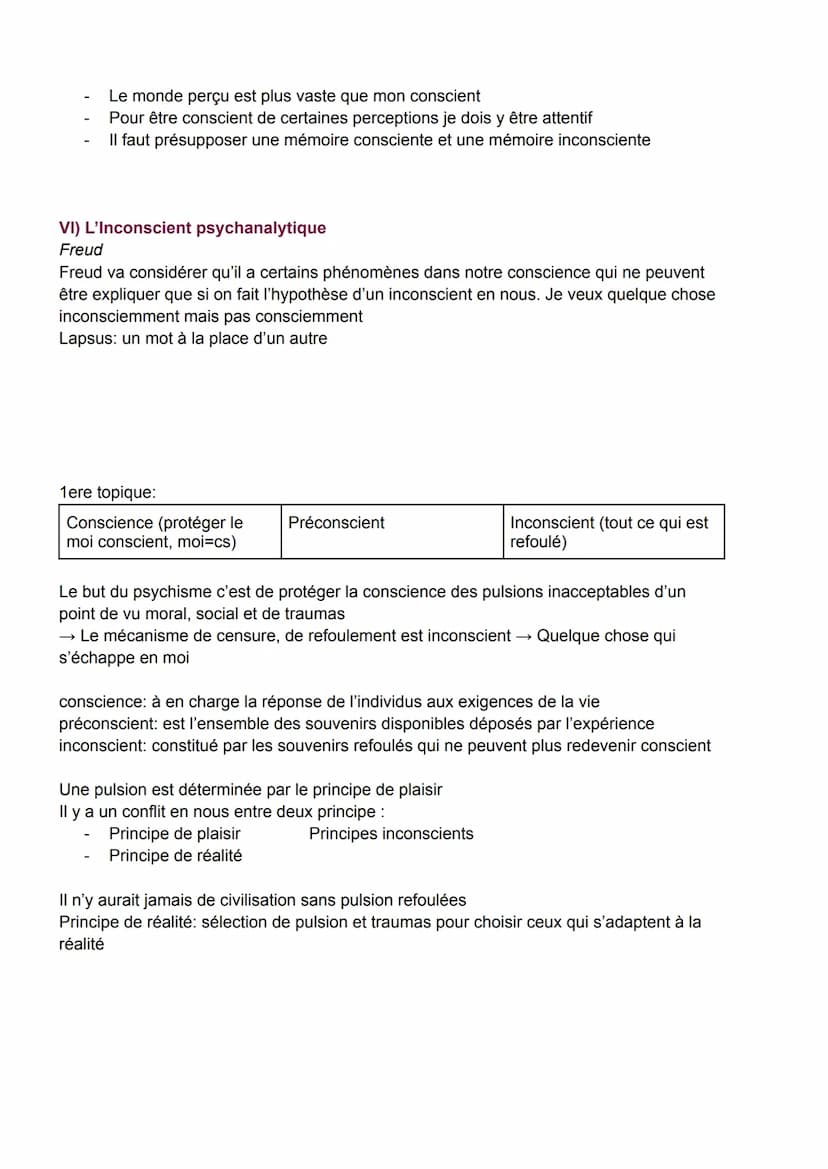 Conscience et Inconscient
● Réflexive: Se dit de la conscience qui se prend elle même pour objet, retour de sa
pensée vers elle même
● Pensé