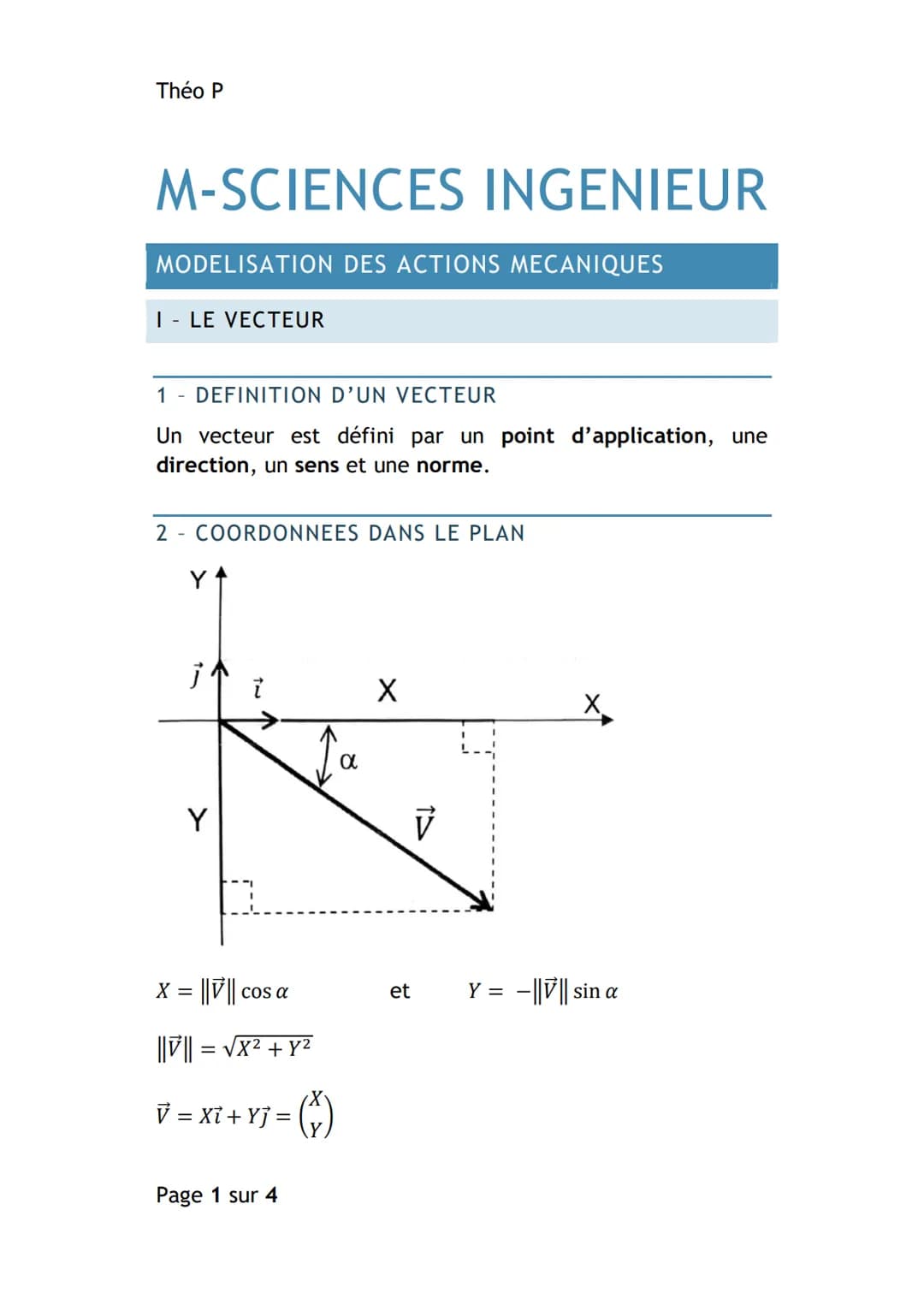 Théo P
M-SCIENCES INGENIEUR
MODELISATION DES ACTIONS MECANIQUES
I - LE VECTEUR
1 - DEFINITION D'UN VECTEUR
Un vecteur est défini par un poin