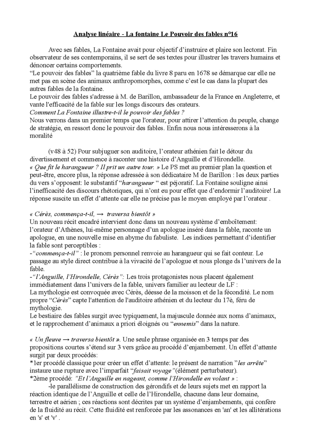 Le Pouvoir des Fables Analyse Linéaire PDF et Texte - La Fontaine