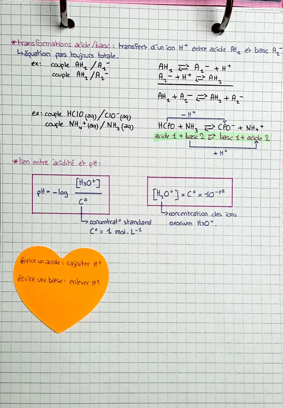 * Acide: espèche chimique capable de céder un ion hydrogène Ht.
demi-équation: Acide autre espèce chimique + H+.
ex: NH₂+ NH3 + H+
*Base: es