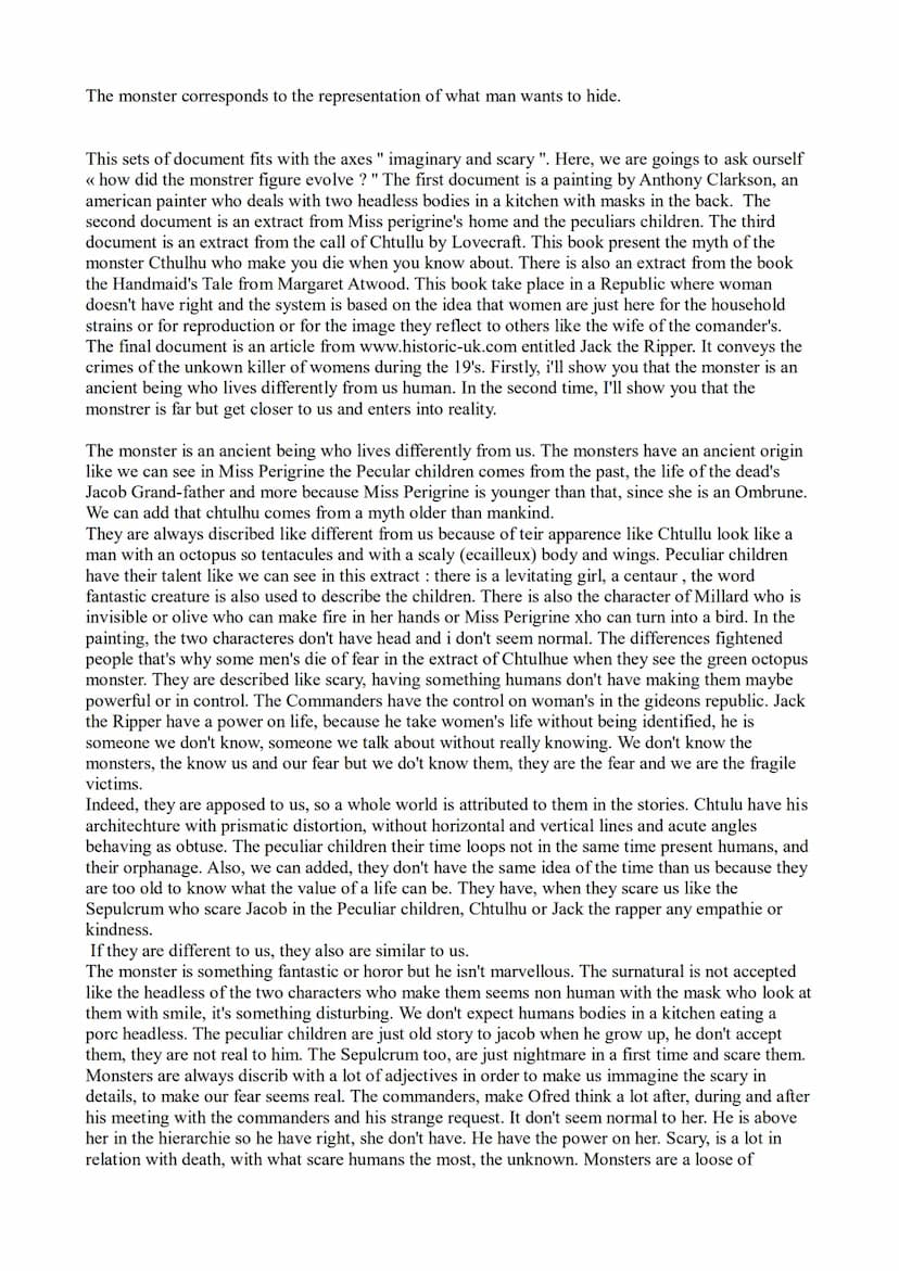 2022
How did the monster figure
evolve?
Imaginary and scary
Prévost solène ANT
Among the Silence faces, Anthony Clarkson Miss Perigrine's Ho