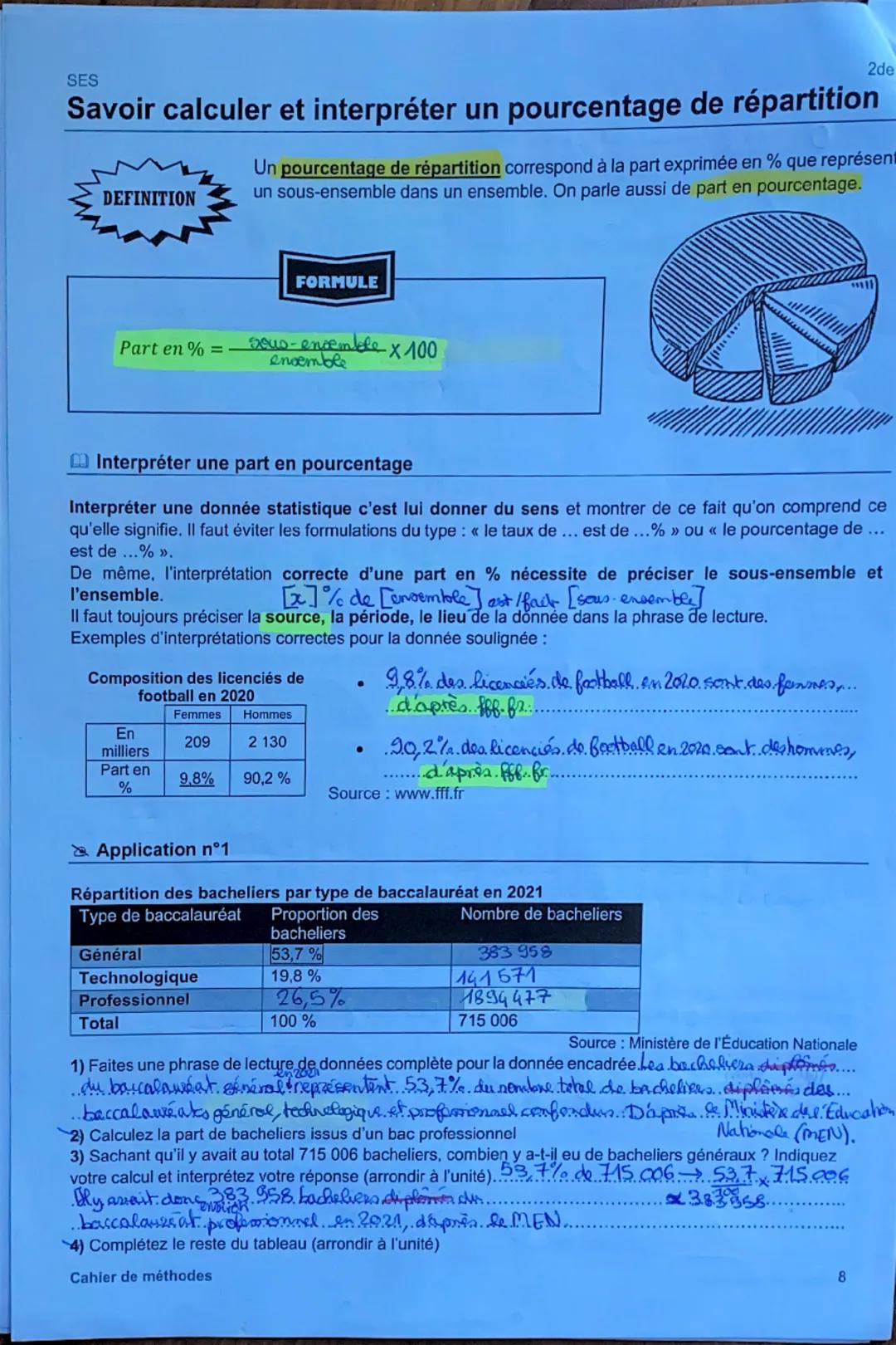 SES
2de
Savoir calculer et interpréter un pourcentage de répartition
DEFINITION
Un pourcentage de répartition correspond à la part exprimée 