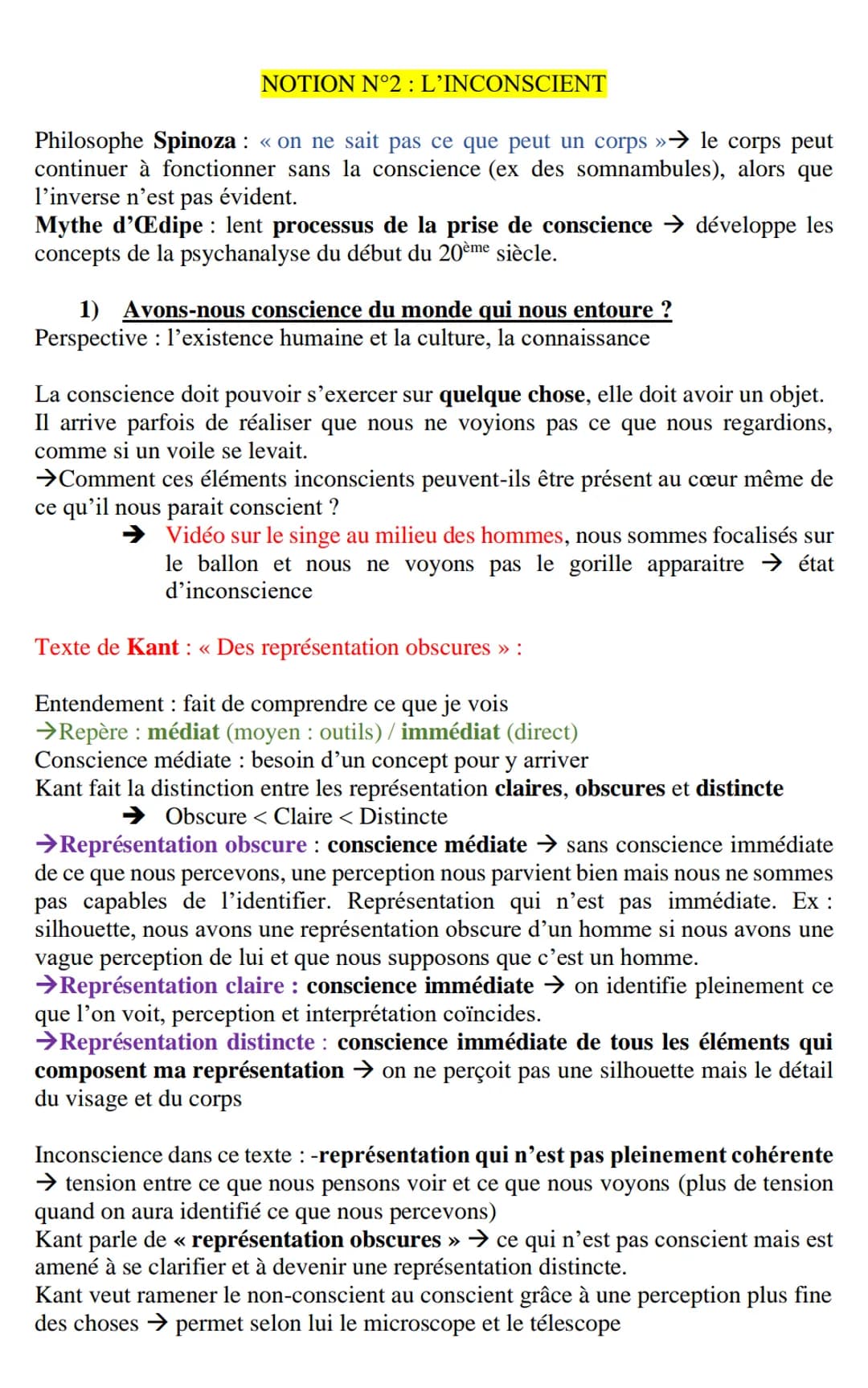 NOTION N°2 : L'INCONSCIENT
Philosophe Spinoza : « on ne sait pas ce que peut un corps »→ le corps peut
continuer à fonctionner sans la consc