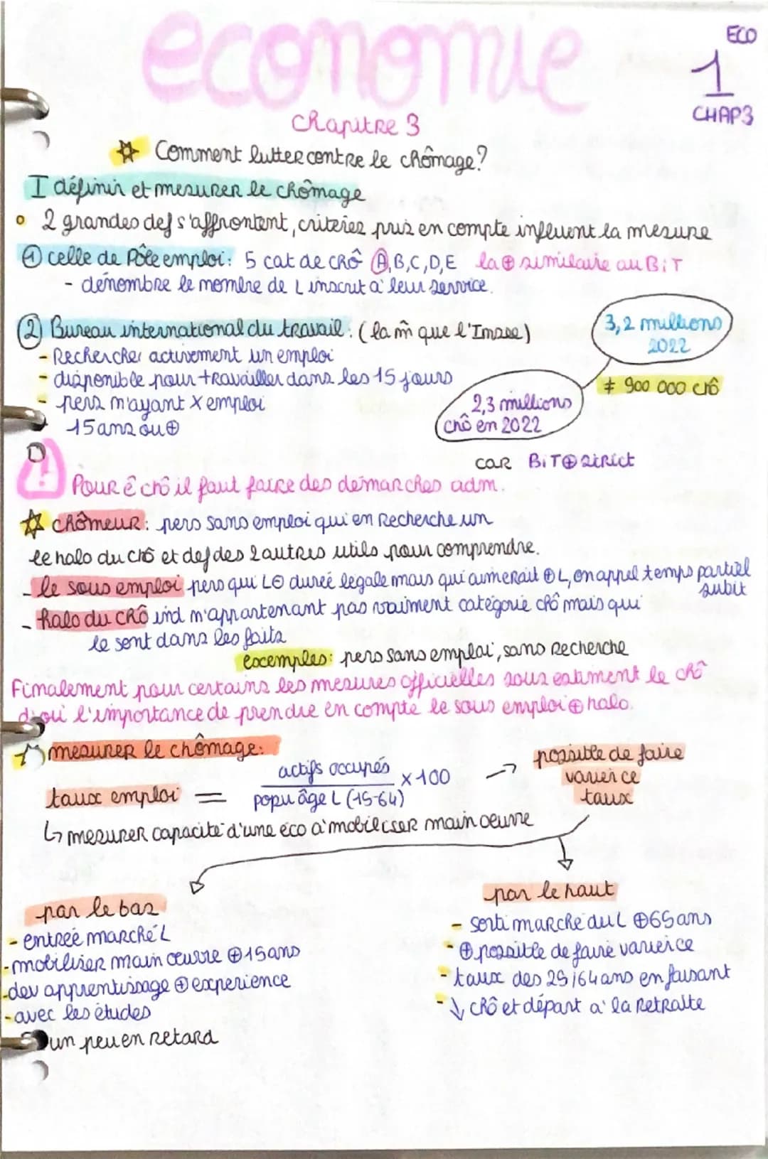 economie
chapitre 3
Comment lutte contre le chômage?
I définir et mesurer le chômage
1
ECO
CHAP3
。 2 grandes def s'affrontent, criteres pris