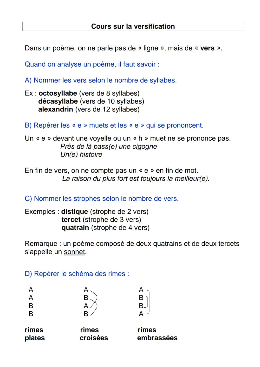 Dans un poème, on ne parle pas de « ligne », mais de << vers »>.
Quand on analyse un poème, il faut savoir :
A) Nommer les vers selon le nom