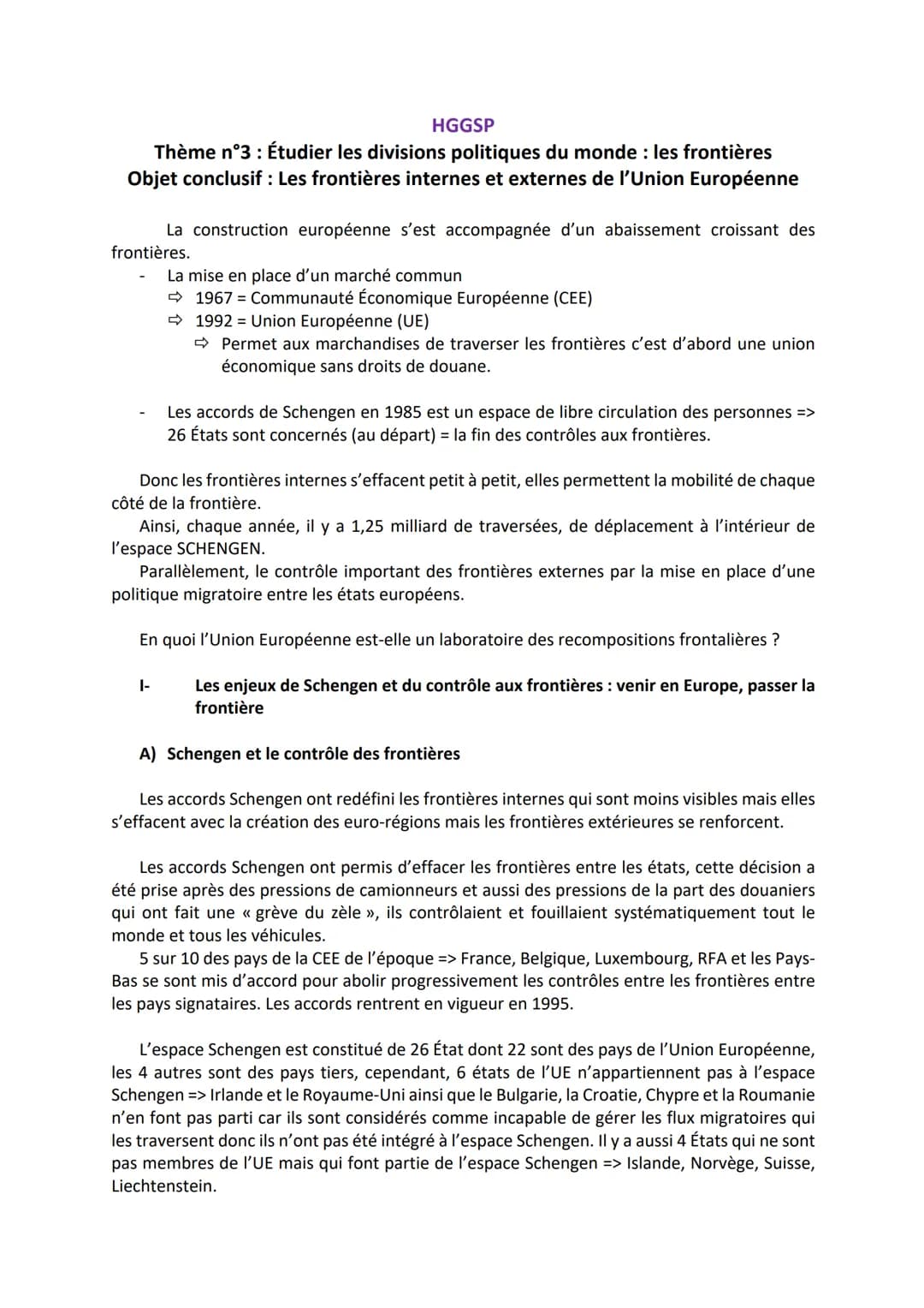 HGGSP
Thème n°3 : Étudier les divisions politiques du monde : les frontières
Objet conclusif : Les frontières internes et externes de l'Unio
