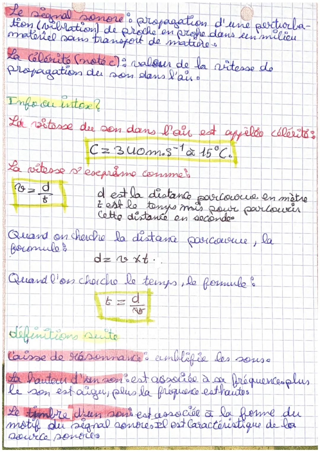 Chapitre
A Formule de la vitesse : vst
vitesse distance parcours
P.1 : Le son, mais qu'est-ce
2
temps pour parcourir la distance
-1
Vitesse: